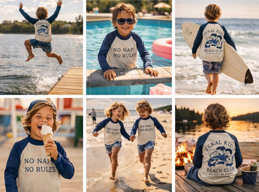 Feral Kids Beach Club Kids Rash Guard – No Nap No Rules Long Sleeve Swim Shirt