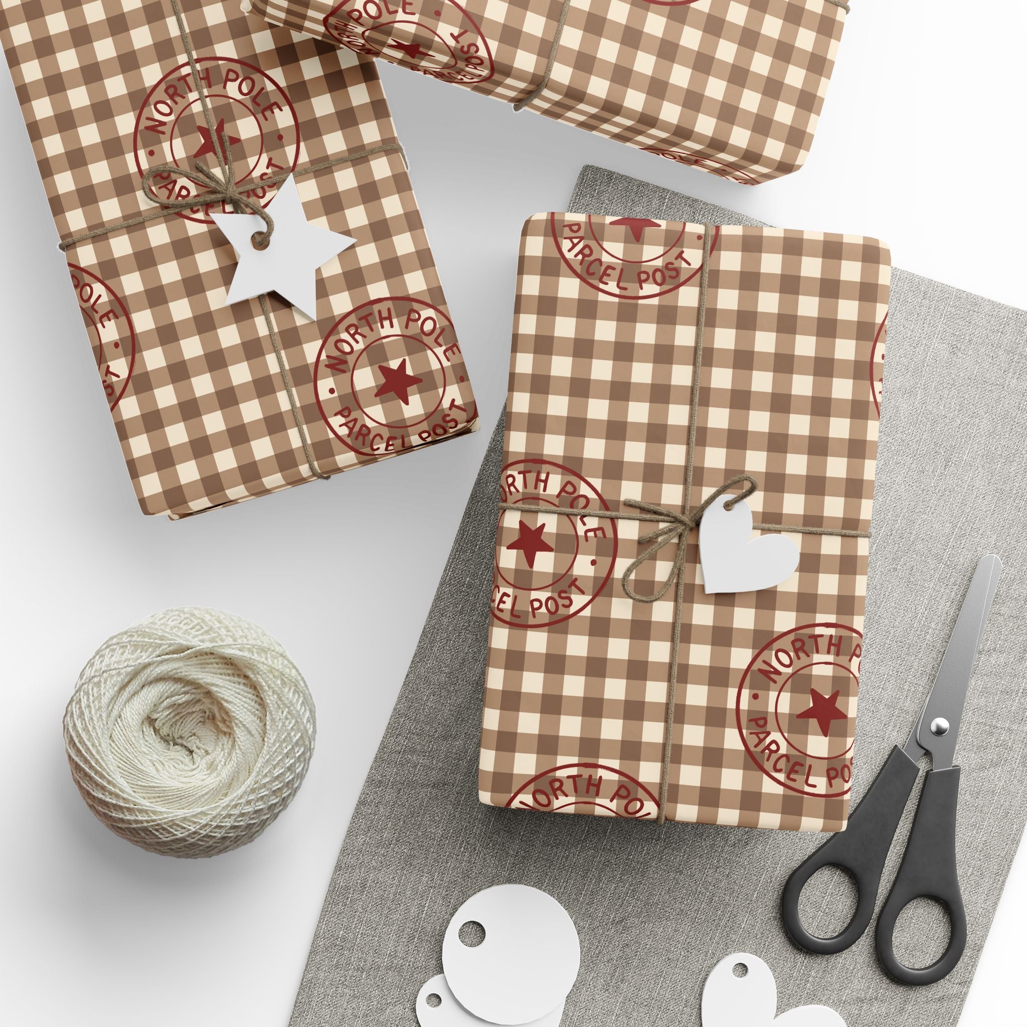 Country Gingham Wrapping Paper - Rustic Plaid Holiday Gift Wrap with Red Stamped Star Accent