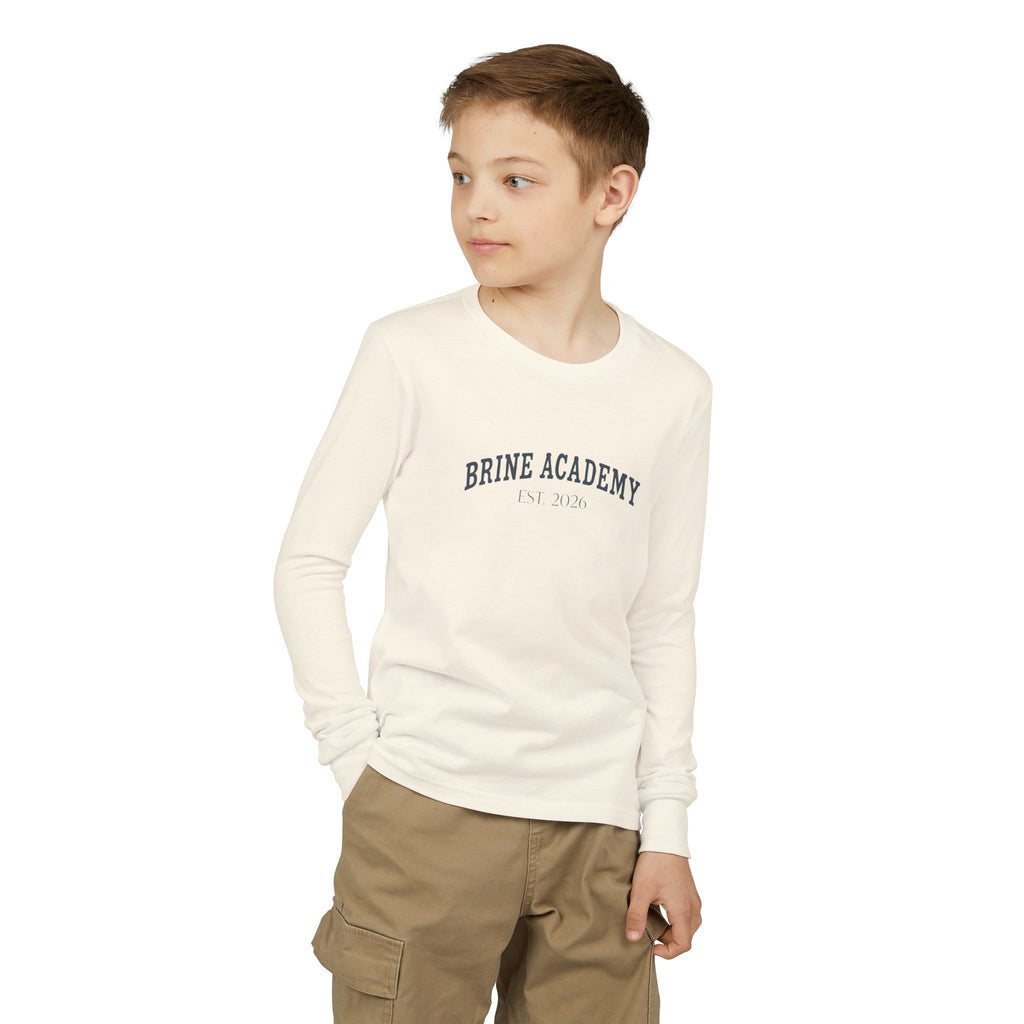 Brine Academy Youth Long Sleeve Tee — Retro Campus Logo Shirt