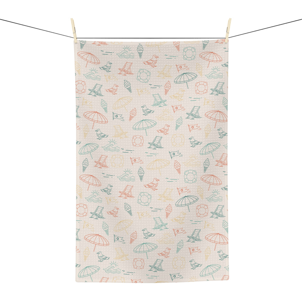 Beach Pattern Tea Towel — Pastel Umbrellas & Chairs Microfiber Kitchen Towel