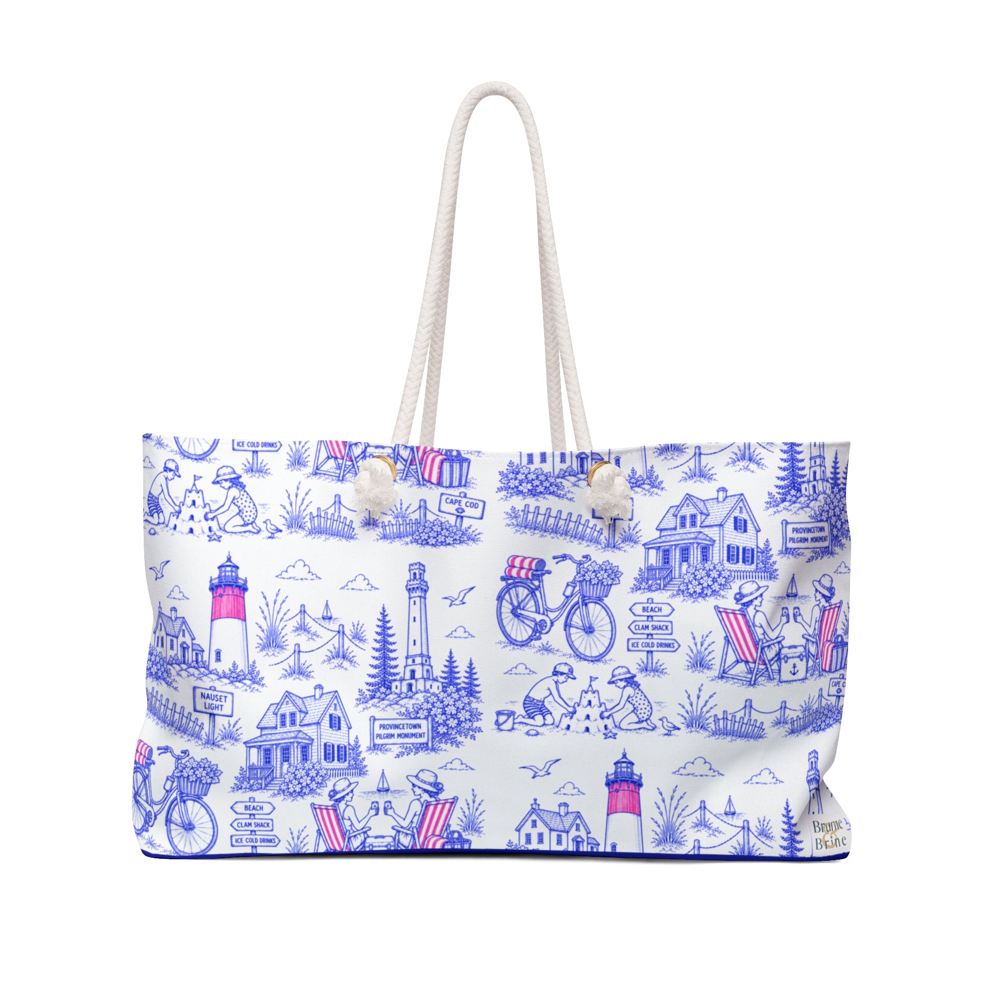 Nautical Cottage Weekender Bag – Blue Lighthouse & Bike Travel Tote