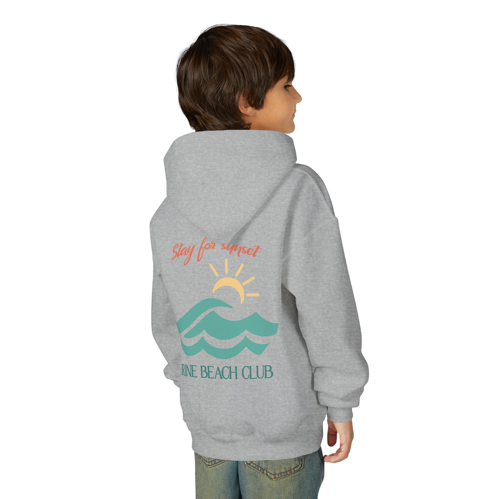 Brine Beach Club Youth Hoodie — "Stay For Sunset” Surf Waves Sun Pullover