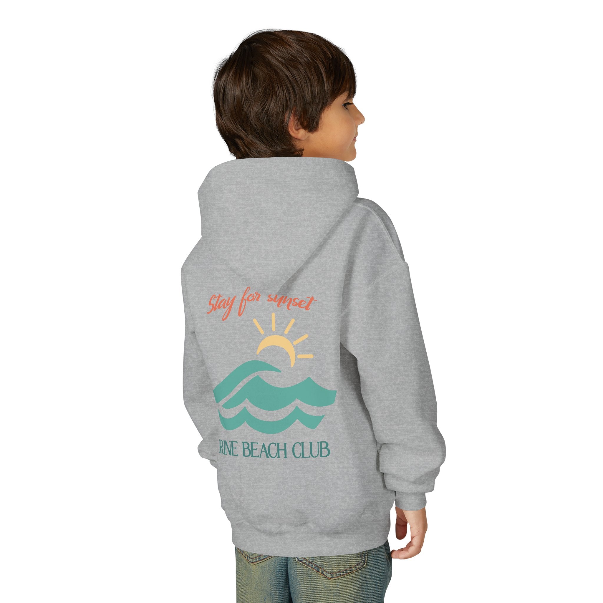 Brine Beach Club Youth Hoodie — "Stay For Sunset” Surf Waves Sun Pullover