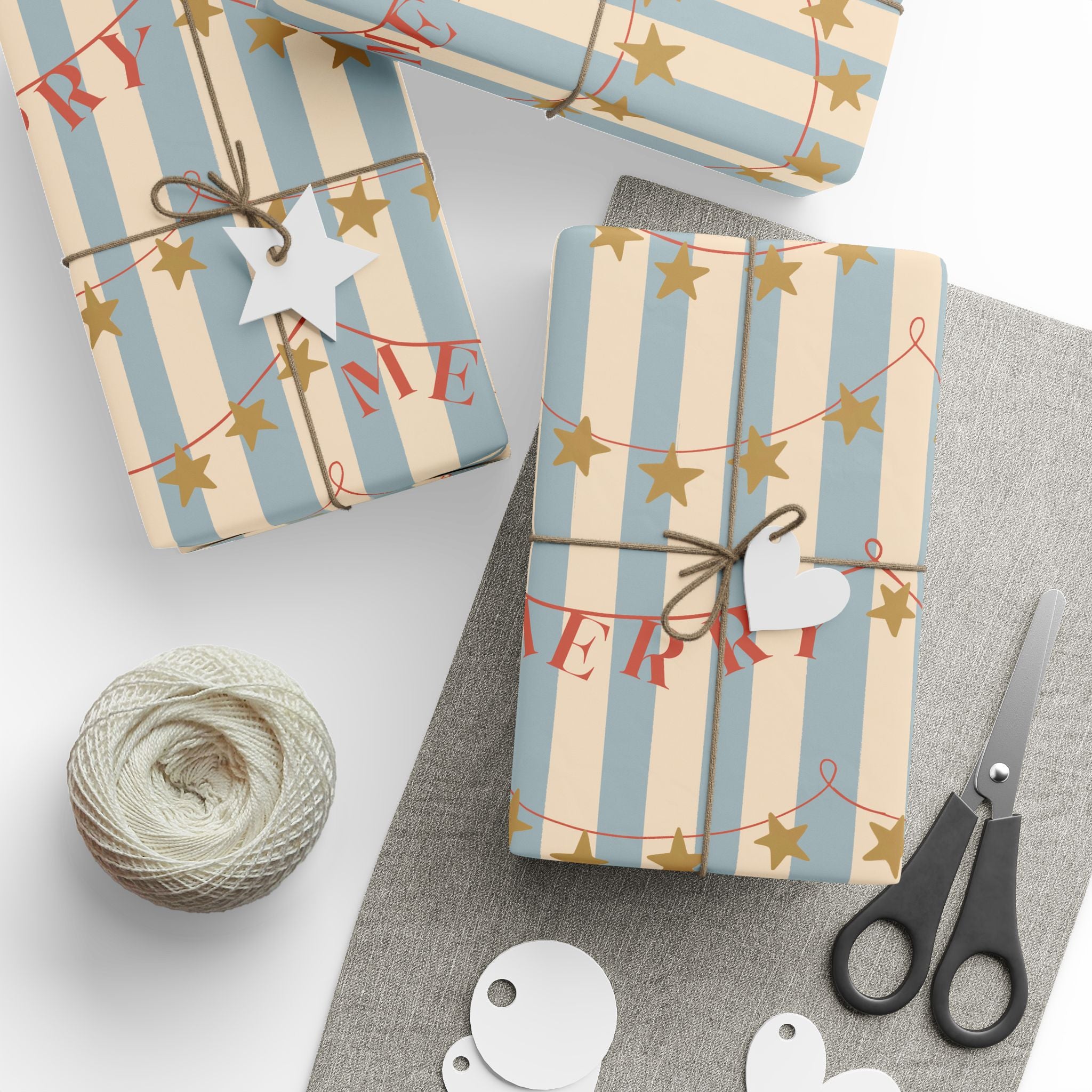 Wrapping Paper - Vintage Blue Stripe Holiday Wrap with 'Merry' Banner and Gold Stars