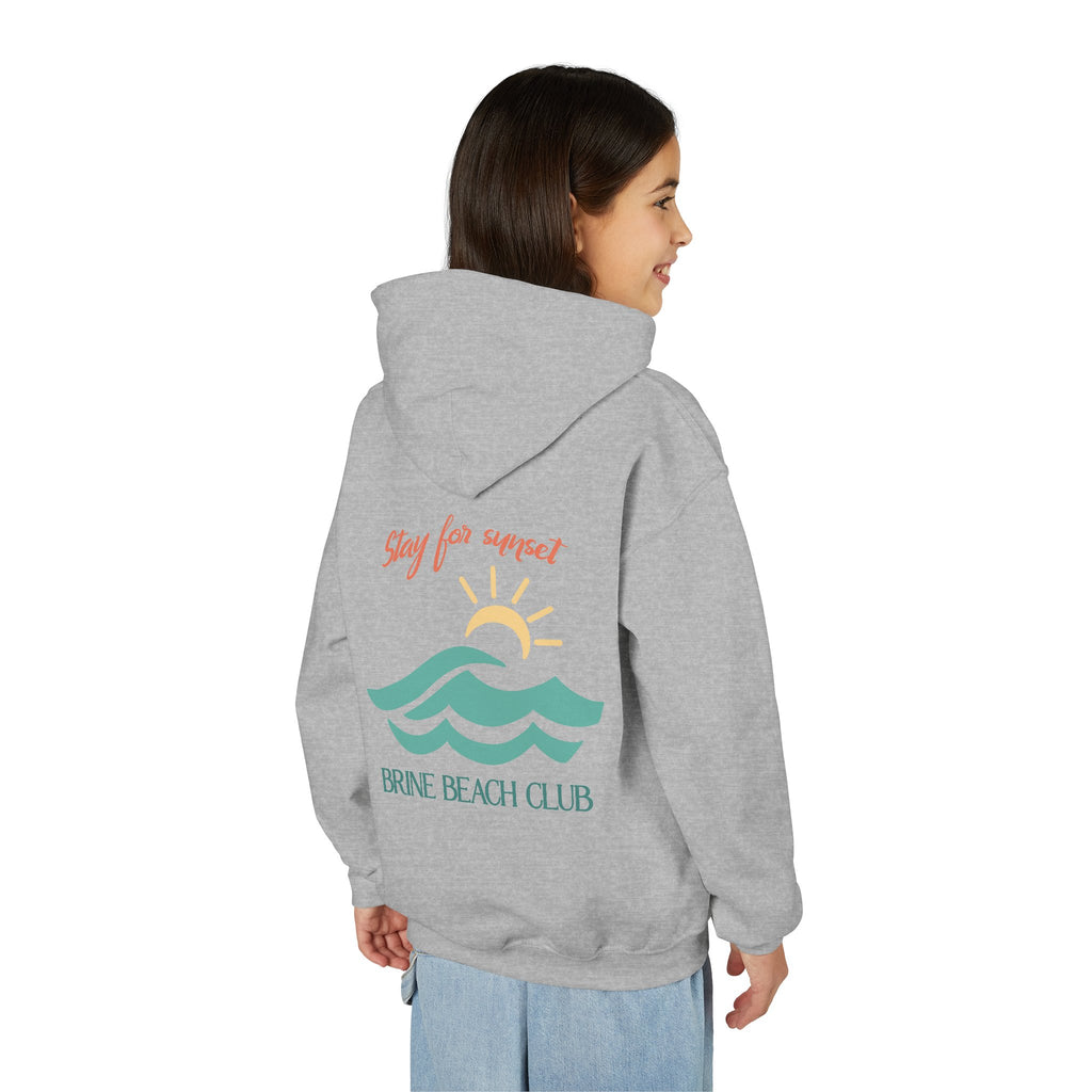 Brine Beach Club Youth Hoodie — "Stay For Sunset” Surf Waves Sun Pullover