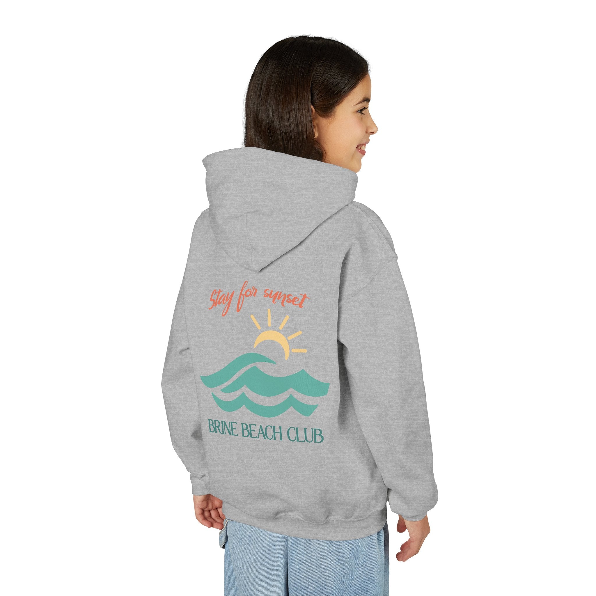 Brine Beach Club Youth Hoodie — "Stay For Sunset” Surf Waves Sun Pullover