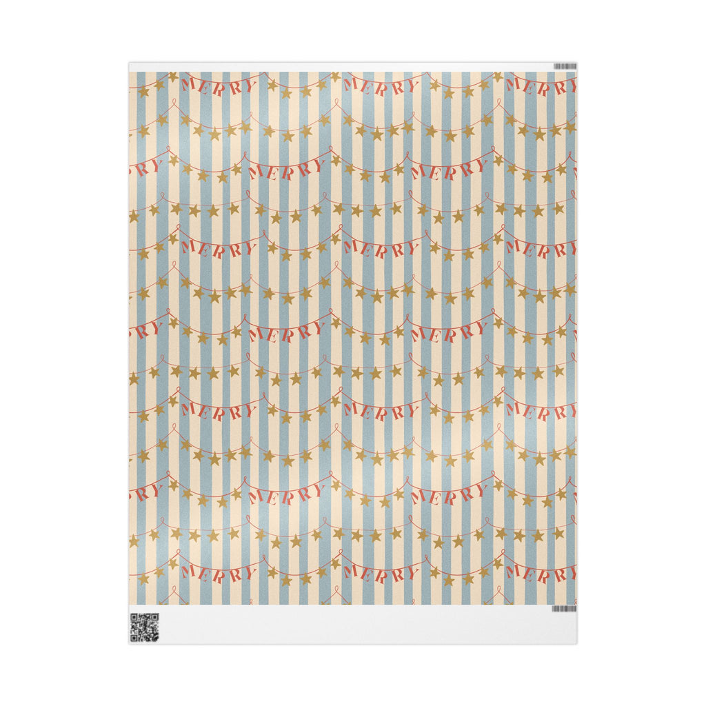 Wrapping Paper - Vintage Blue Stripe Holiday Wrap with 'Merry' Banner and Gold Stars