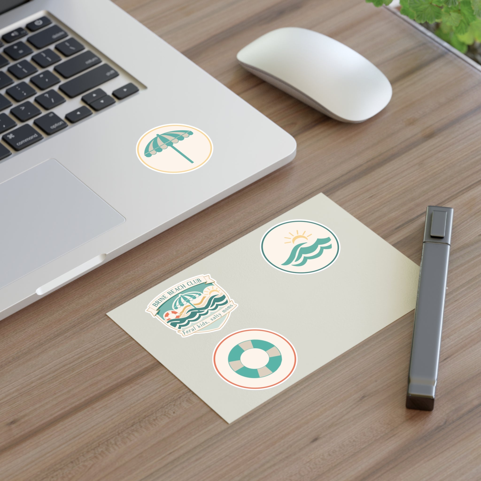 Brine Beach Club Sticker Sheet — Coastal Umbrella, Lifebuoy & Wave Decals