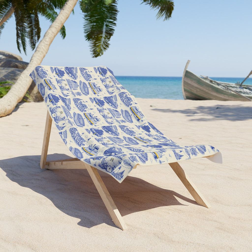 Portland ME Toile Beach Towel – Neon Coastal Preppy Pattern, Maine Travel Print