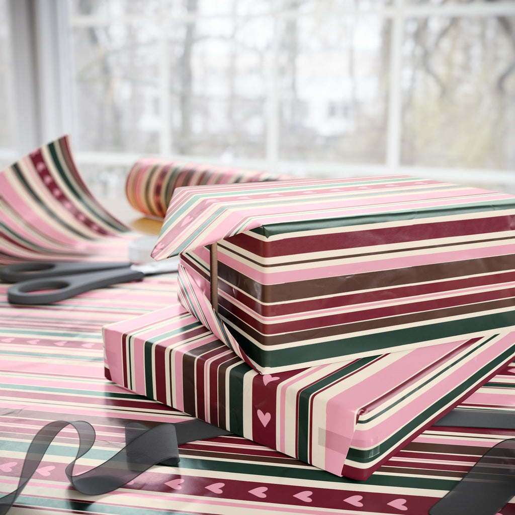 Valentine Heart Stripe Wrapping Paper — Pink & Burgundy Gift Wrap Roll