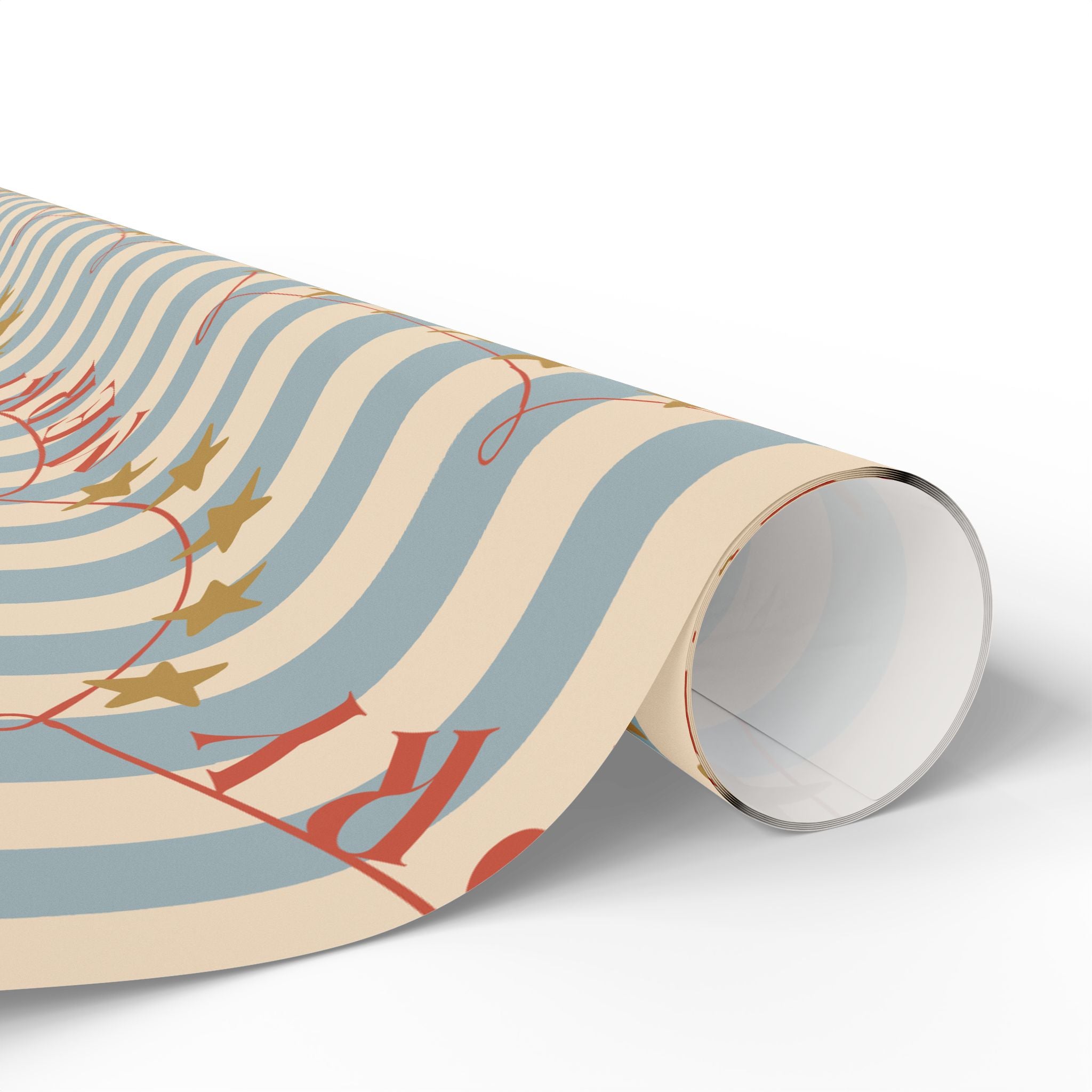 Wrapping Paper - Vintage Blue Stripe Holiday Wrap with 'Merry' Banner and Gold Stars