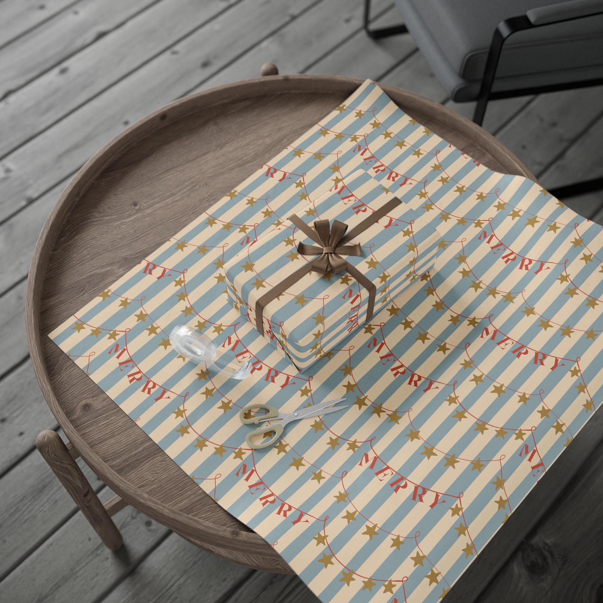 Wrapping Paper - Vintage Blue Stripe Holiday Wrap with 'Merry' Banner and Gold Stars