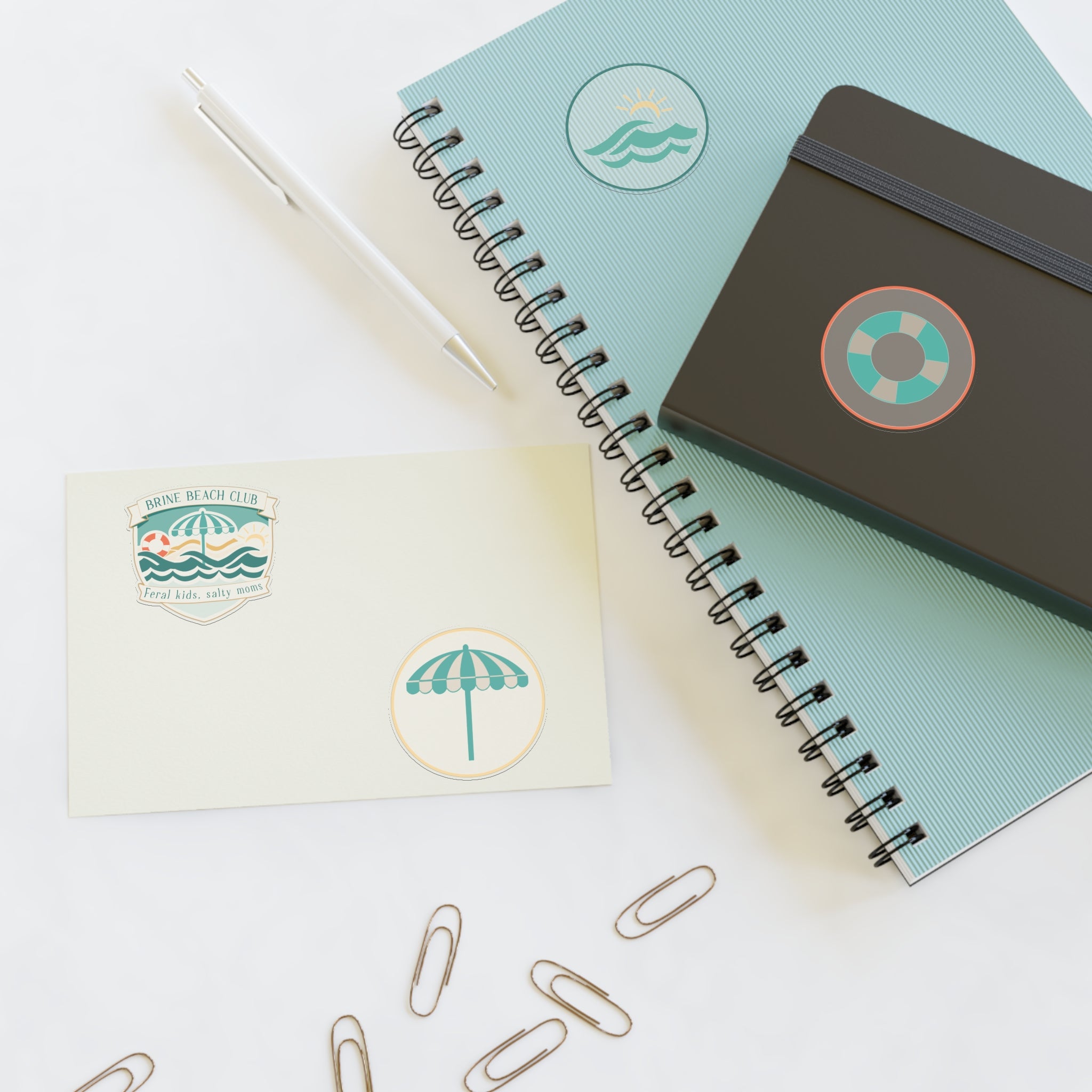 Brine Beach Club Sticker Sheet — Coastal Umbrella, Lifebuoy & Wave Decals