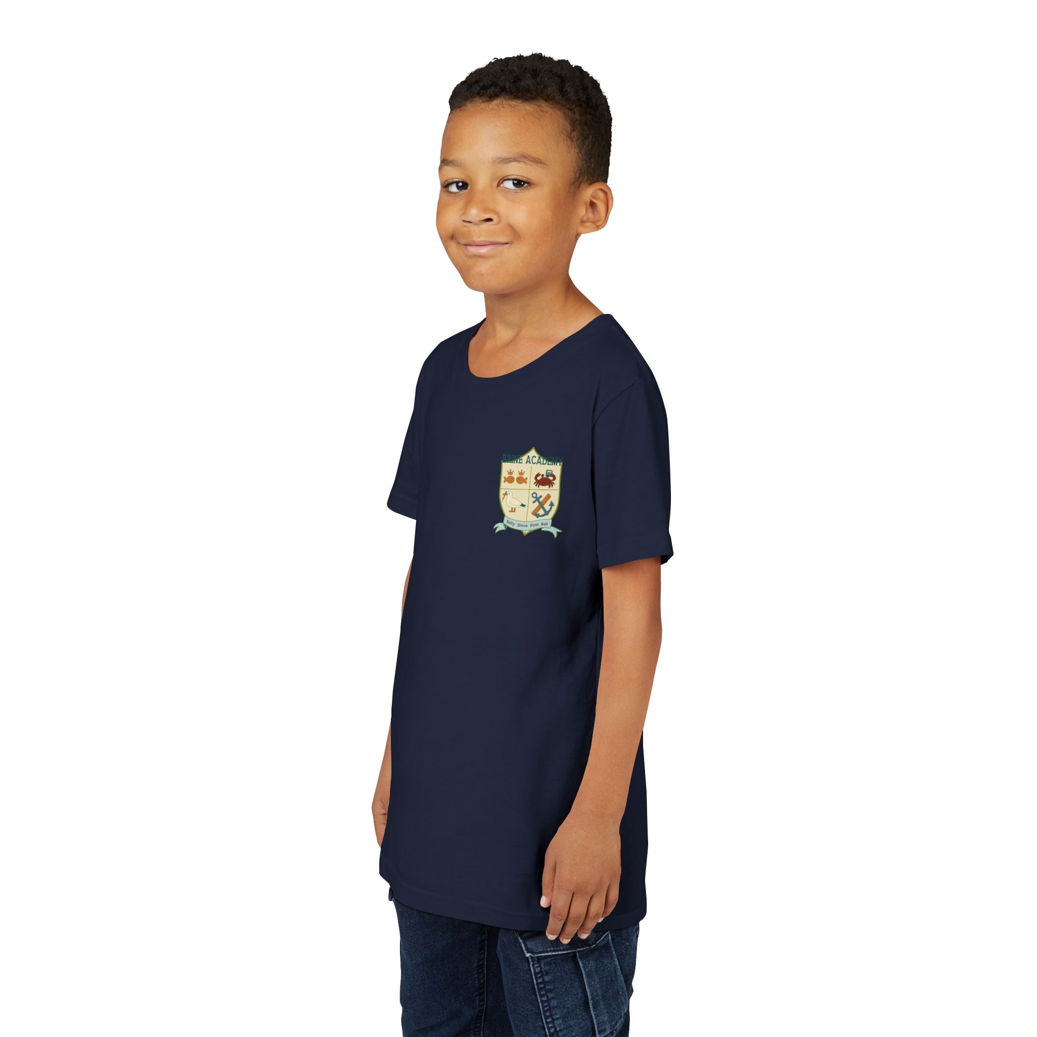 Youth Tee — "Salty Since First Bell" Brine Academy Crest School Spirit Shirt