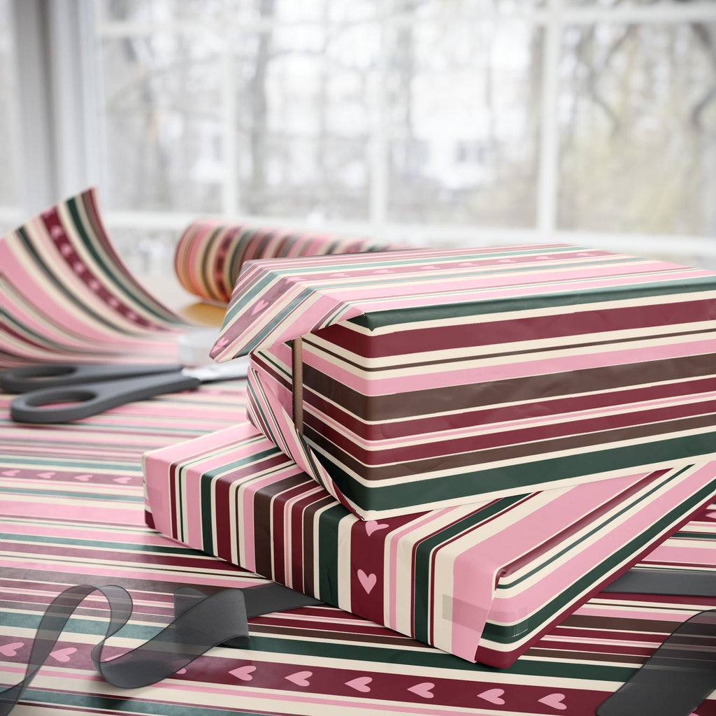 Valentine Heart Stripe Wrapping Paper — Pink & Burgundy Gift Wrap Roll