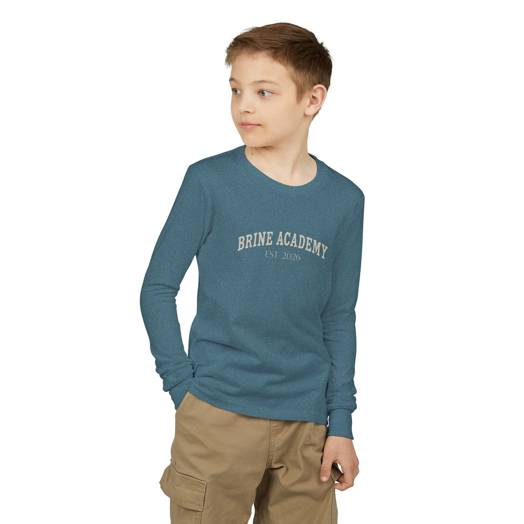 Brine Academy Youth Long Sleeve Tee — Retro Campus Logo Shirt