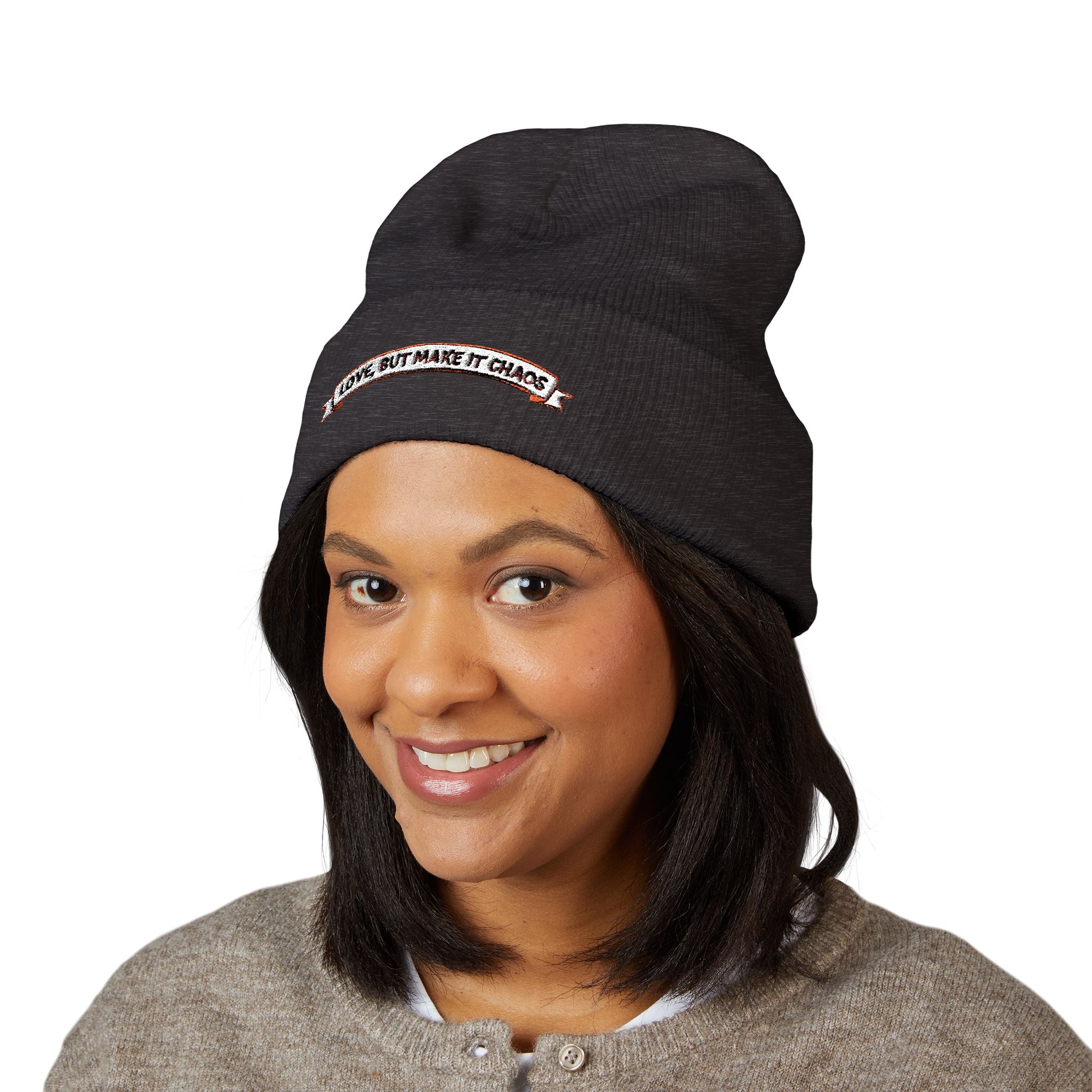 Embroidered 'Love, But Make It Chaos' Cuffed Beanie