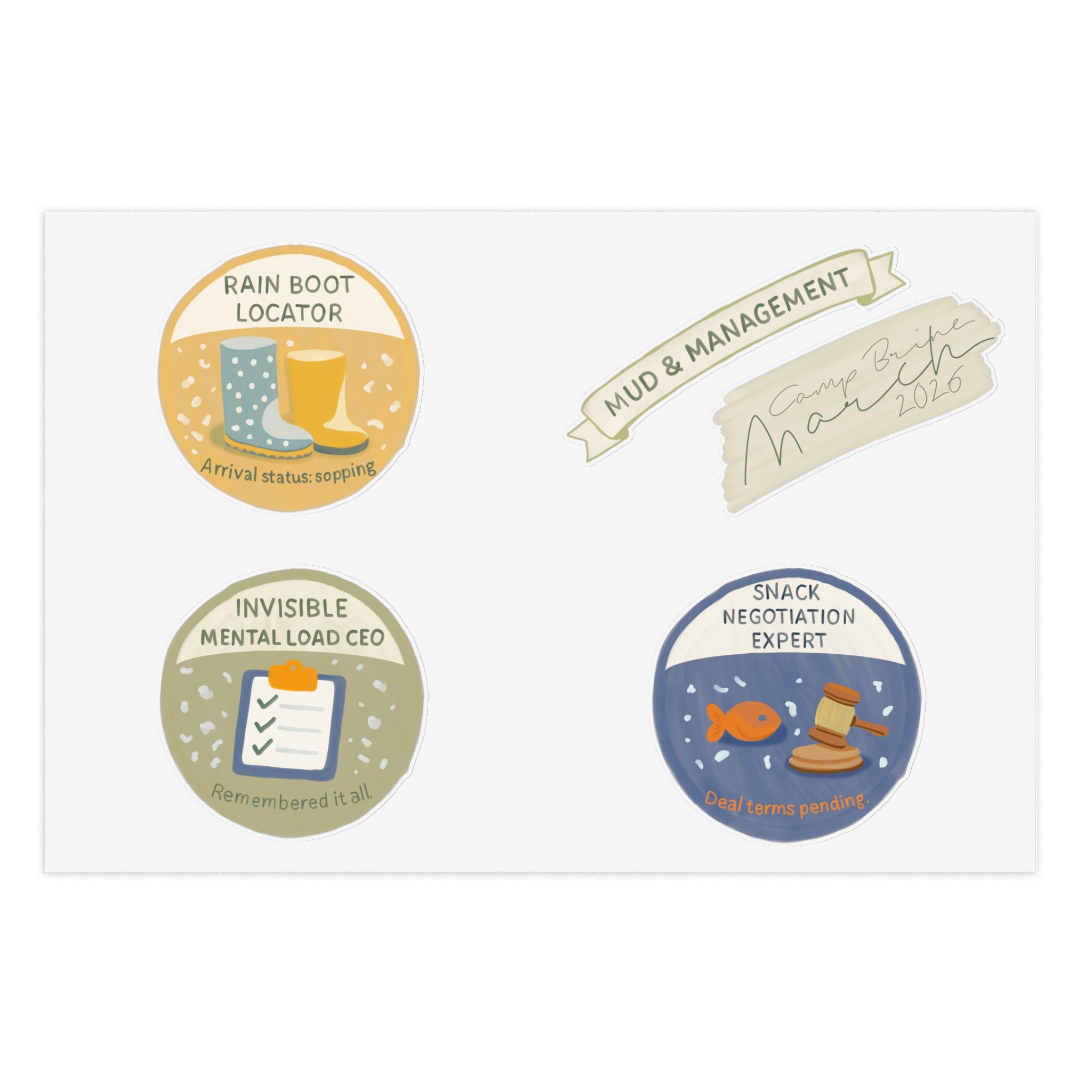 Quirky Achievement Sticker Sheet — Rain Boot Locator, Snack Negotiation Expert & More