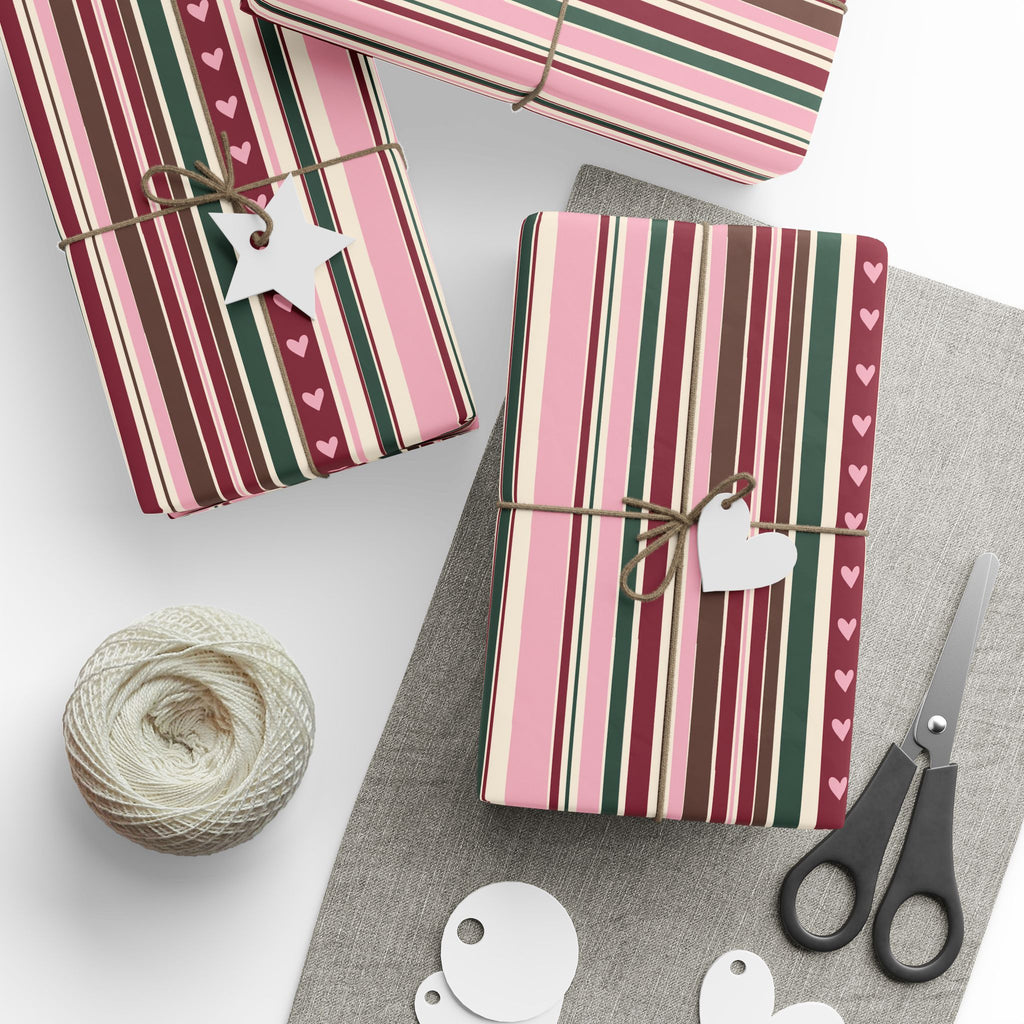 Valentine Heart Stripe Wrapping Paper — Pink & Burgundy Gift Wrap Roll