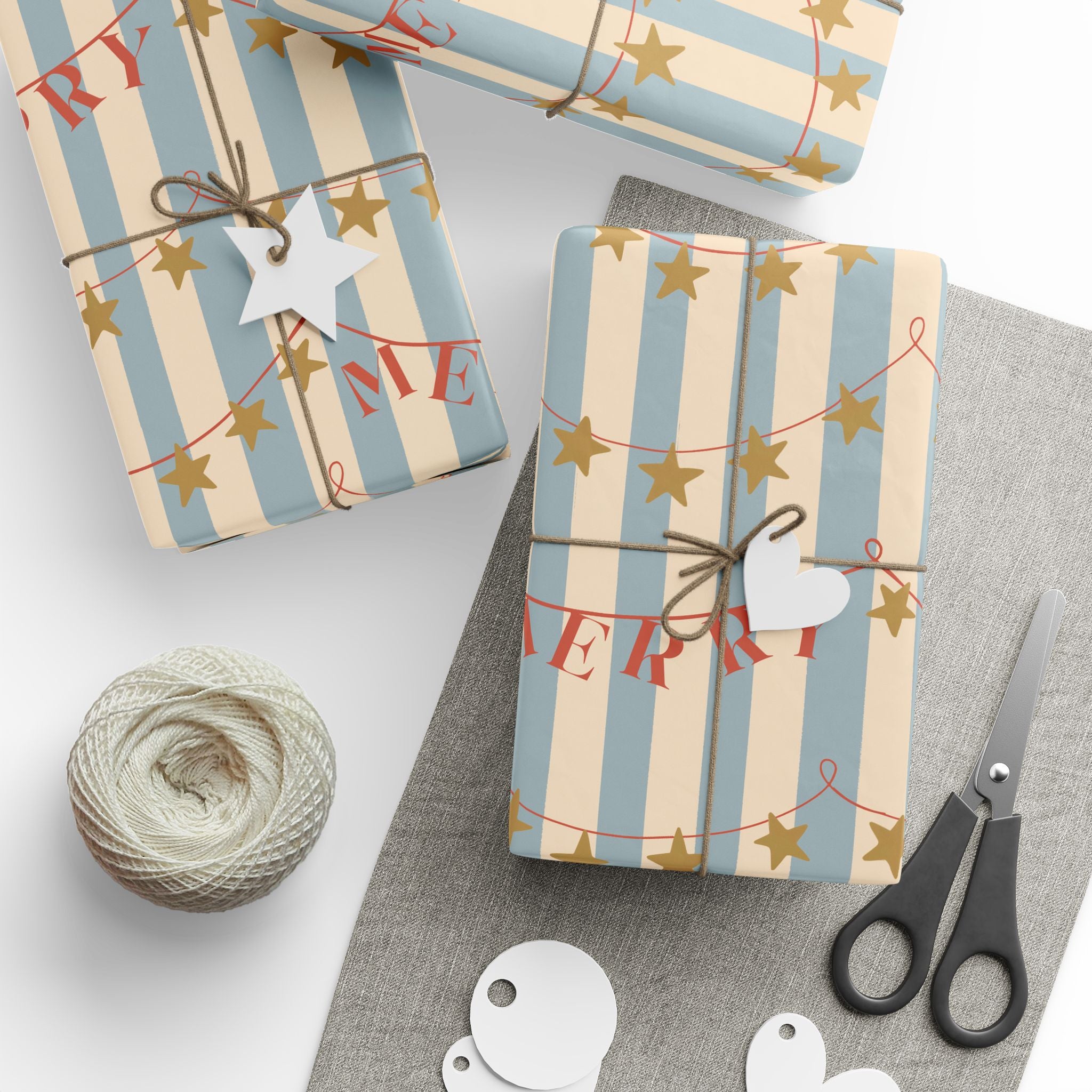 Wrapping Paper - Vintage Blue Stripe Holiday Wrap with 'Merry' Banner and Gold Stars