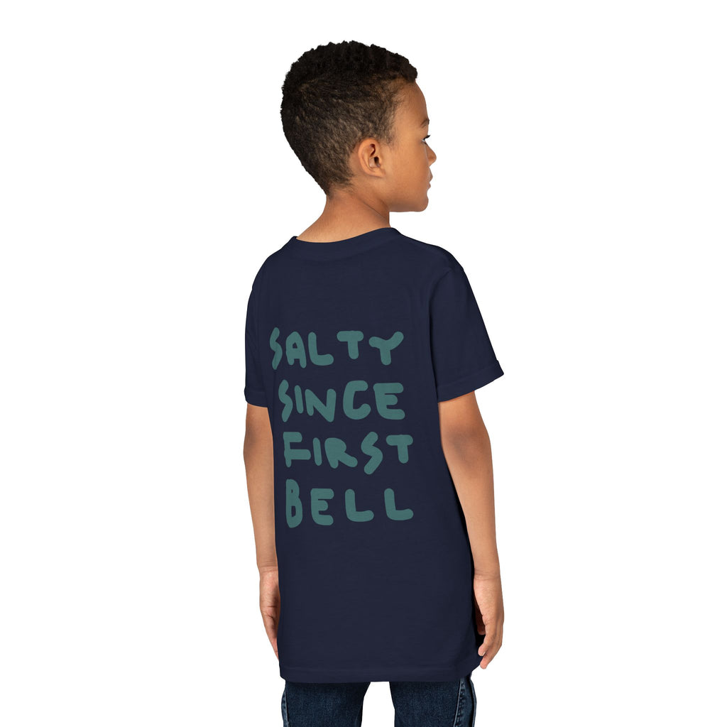Youth Tee — "Salty Since First Bell" Brine Academy Crest School Spirit Shirt