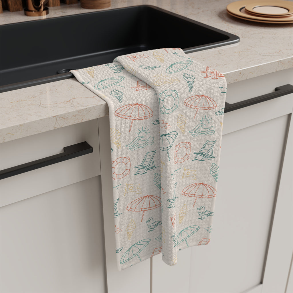 Beach Pattern Tea Towel — Pastel Umbrellas & Chairs Microfiber Kitchen Towel