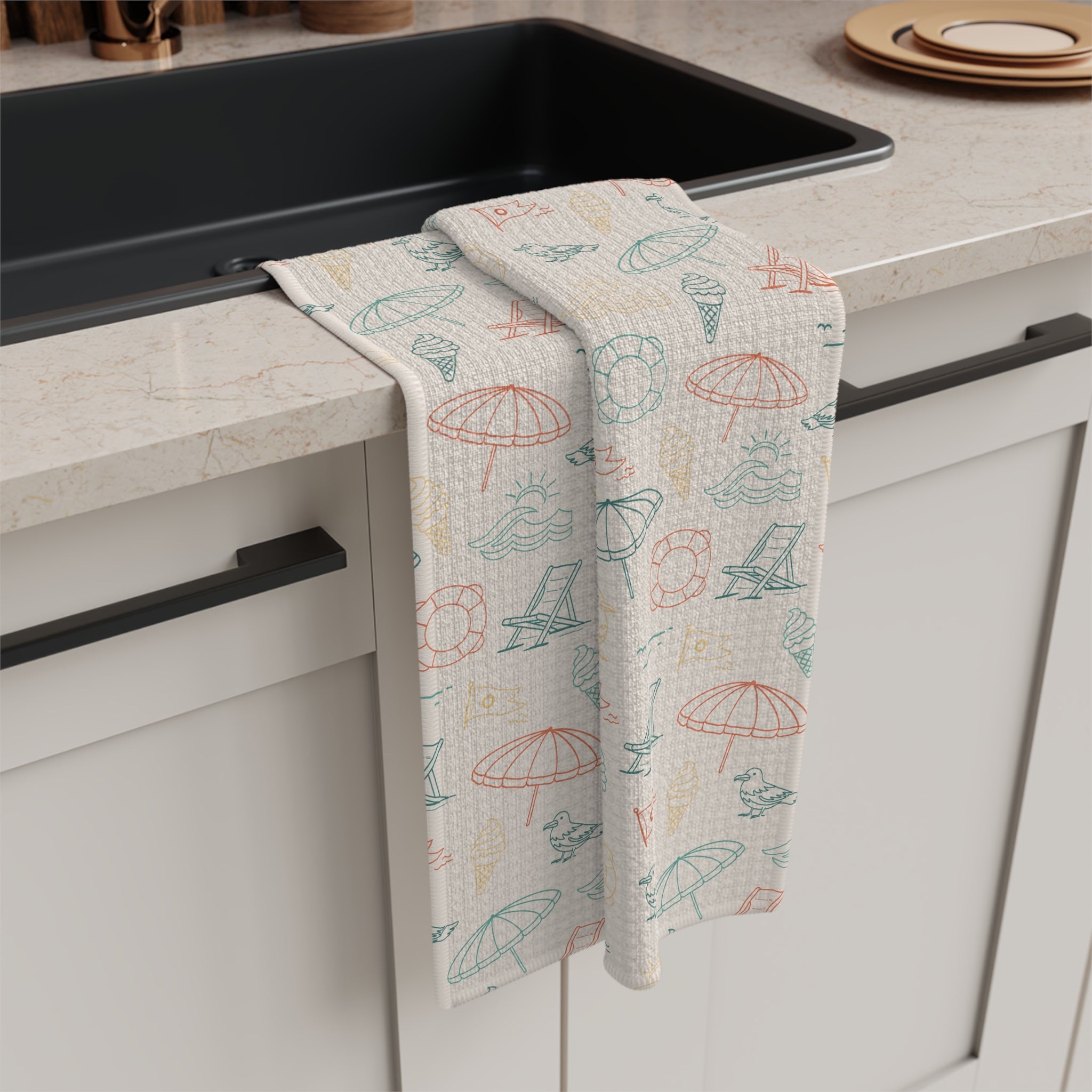 Beach Pattern Tea Towel — Pastel Umbrellas & Chairs Microfiber Kitchen Towel