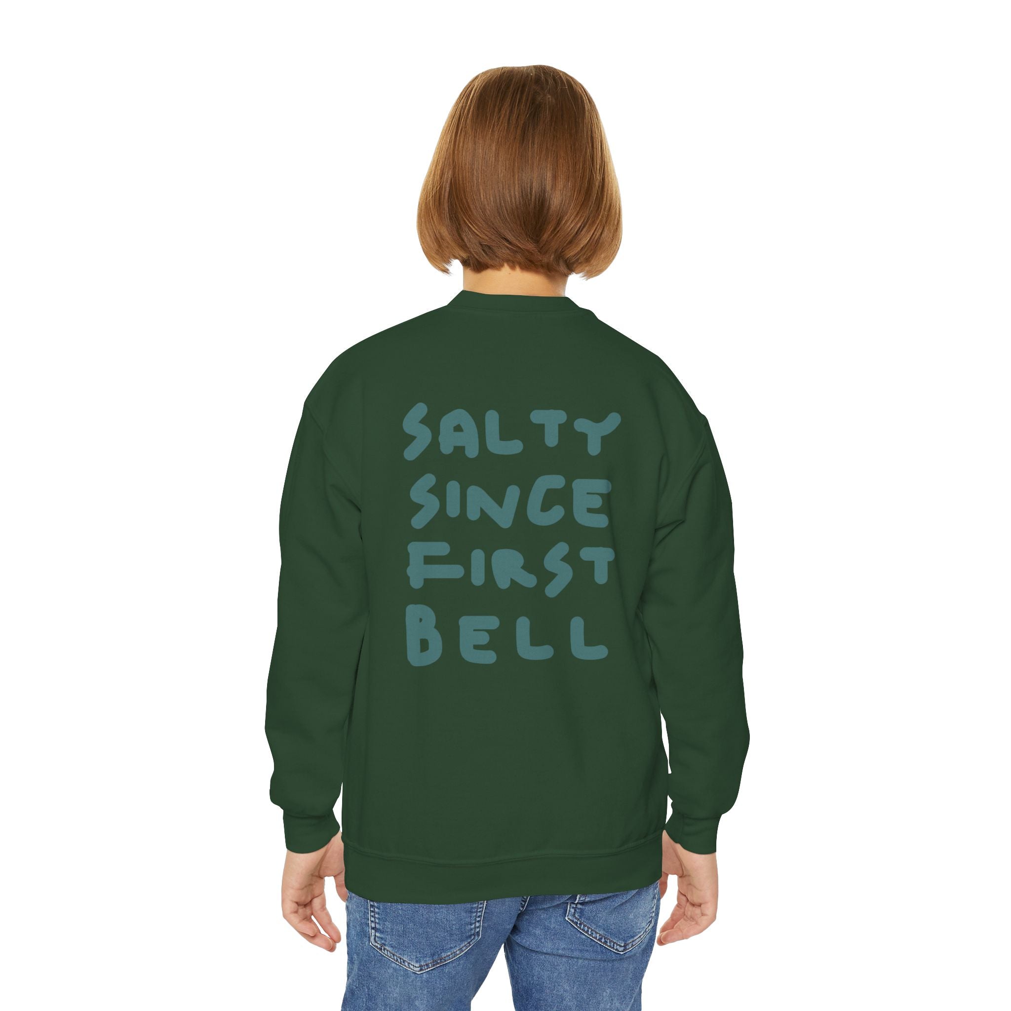 Youth Crewneck Sweatshirt — "Salty Since First Bell" Back‑Print School Spirit Sweatshirt