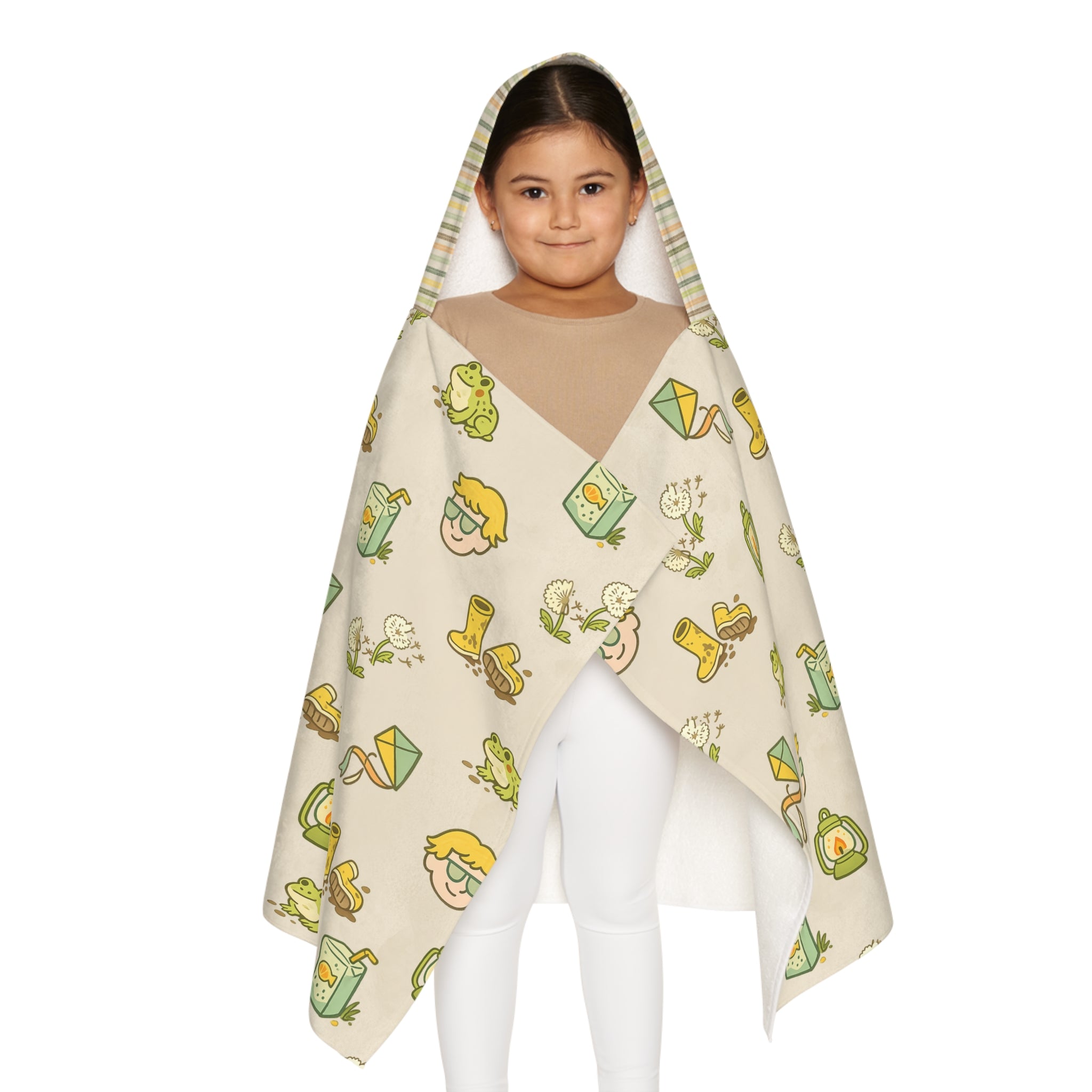 Camp Brine Spring 2026 Kids Hooded Towel — Cute Frog, Rain Gear & Juice Box Pattern