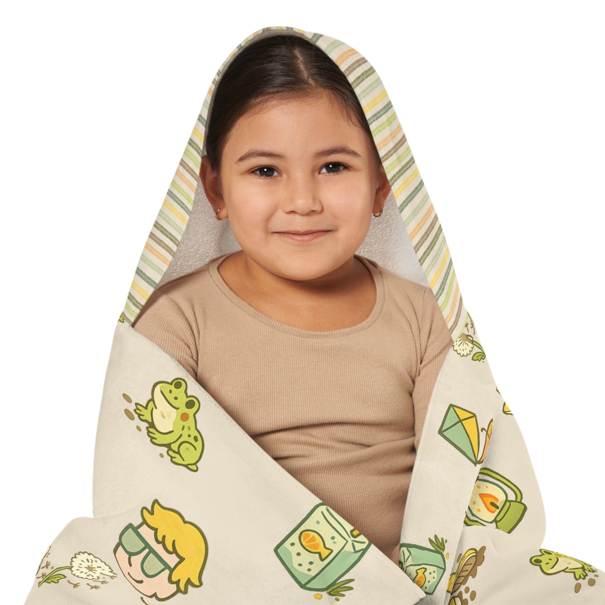 Camp Brine Spring 2026 Kids Hooded Towel — Cute Frog, Rain Gear & Juice Box Pattern