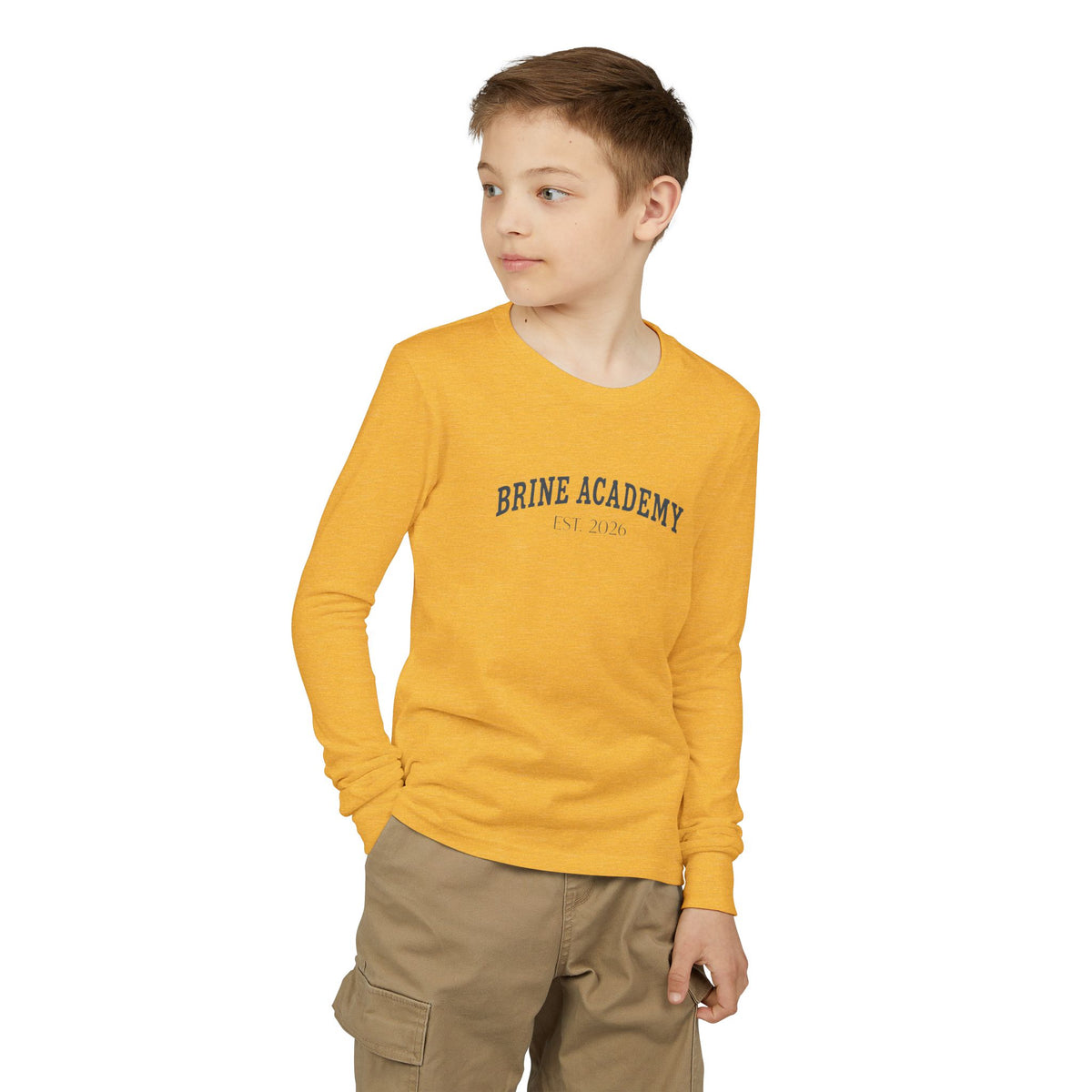 Brine Academy Youth Long Sleeve Tee — Retro Campus Logo Shirt