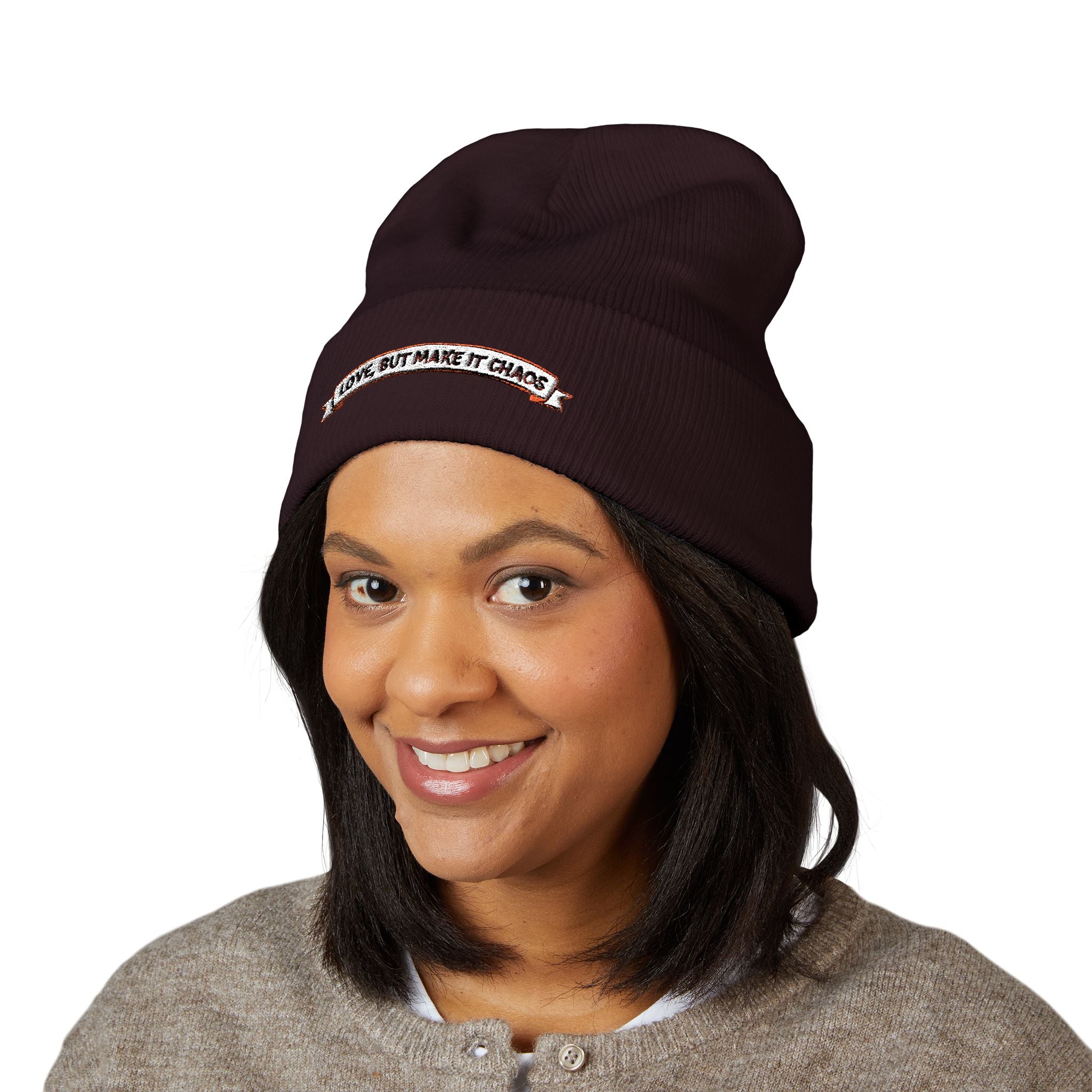 Embroidered 'Love, But Make It Chaos' Cuffed Beanie
