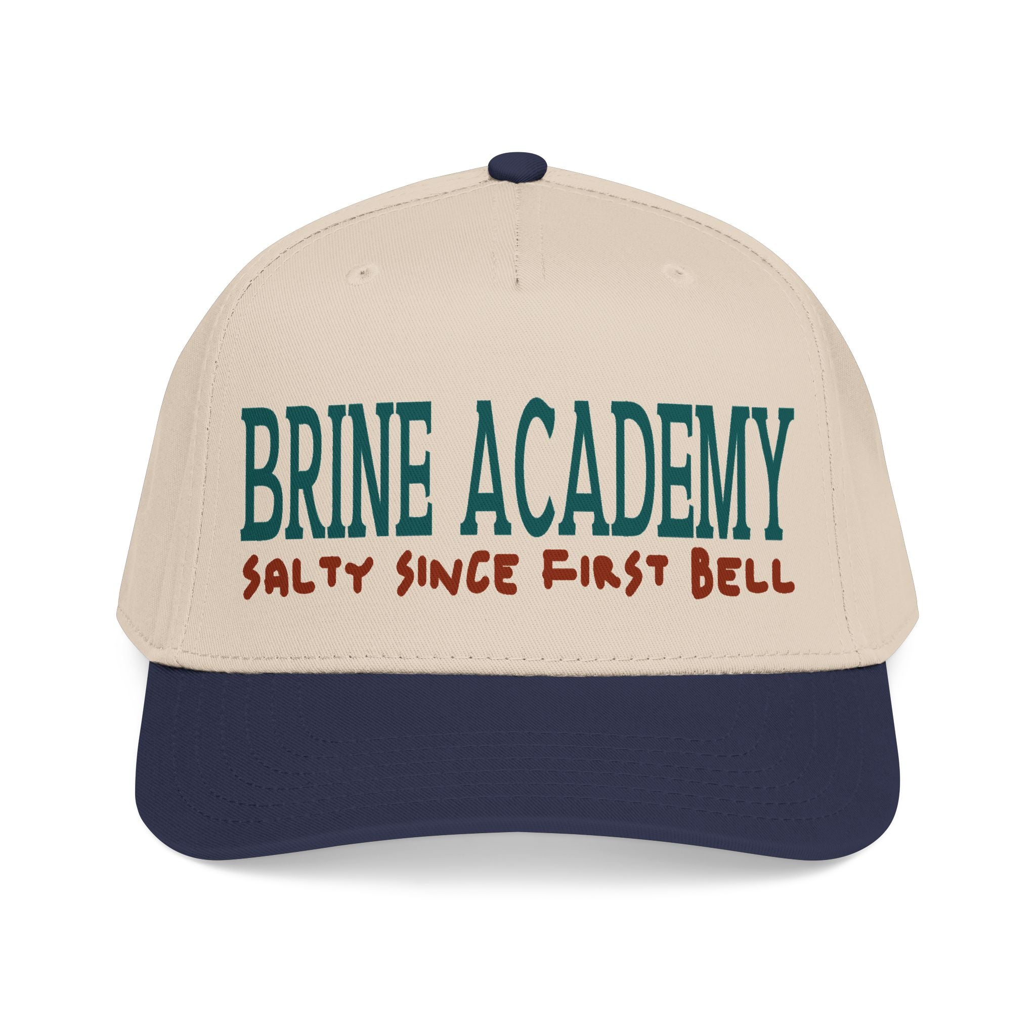 Brine Academy Mid Profile Baseball Cap — “Salty Since First Bell” wordmark Hat