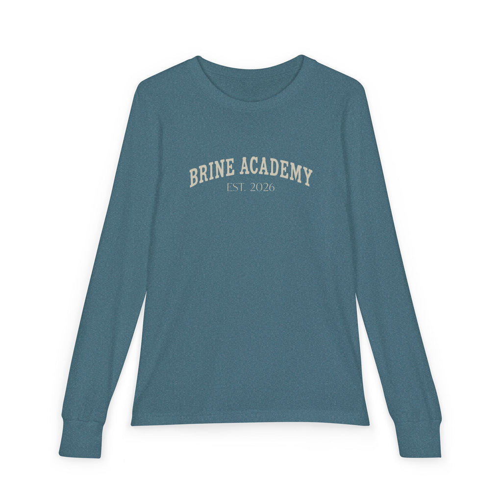 Brine Academy Youth Long Sleeve Tee — Retro Campus Logo Shirt