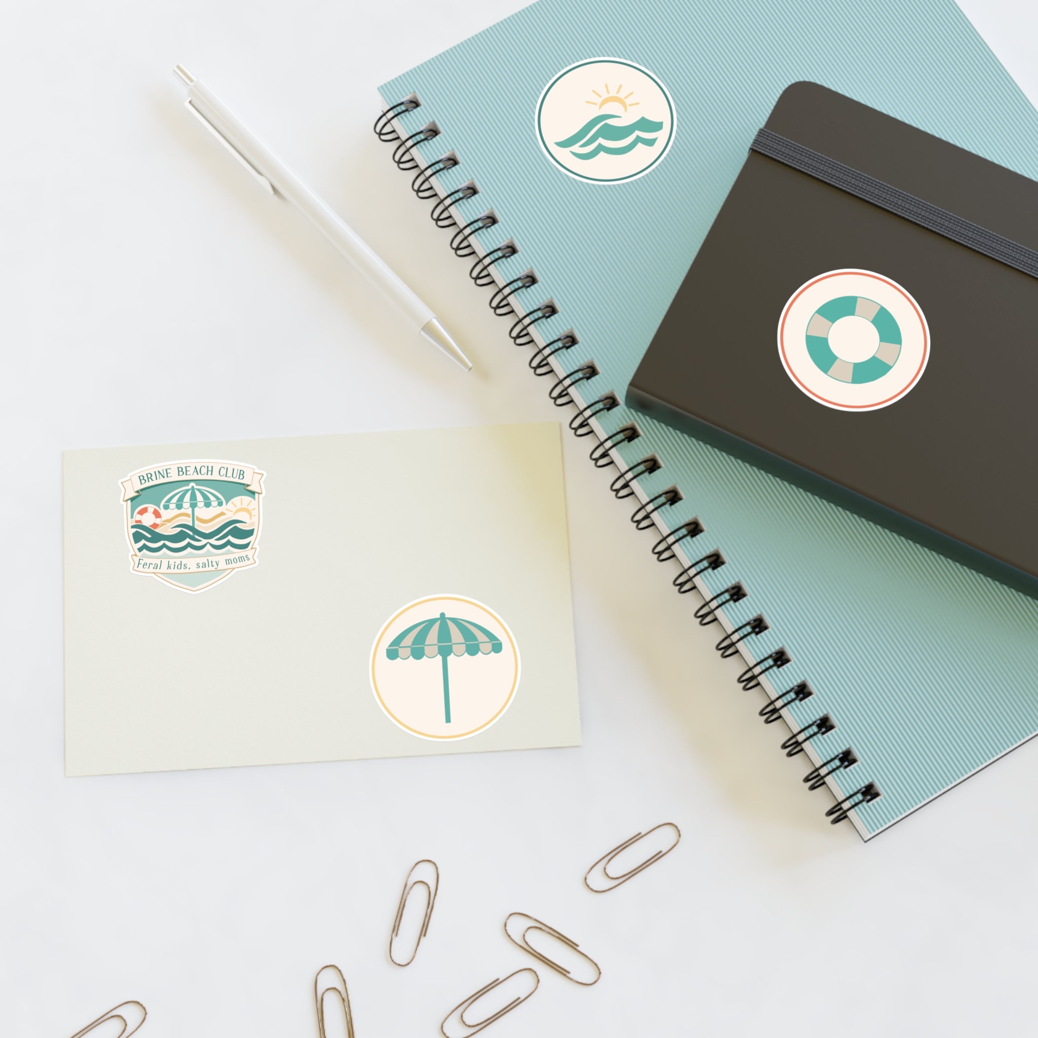 Brine Beach Club Sticker Sheet — Coastal Umbrella, Lifebuoy & Wave Decals