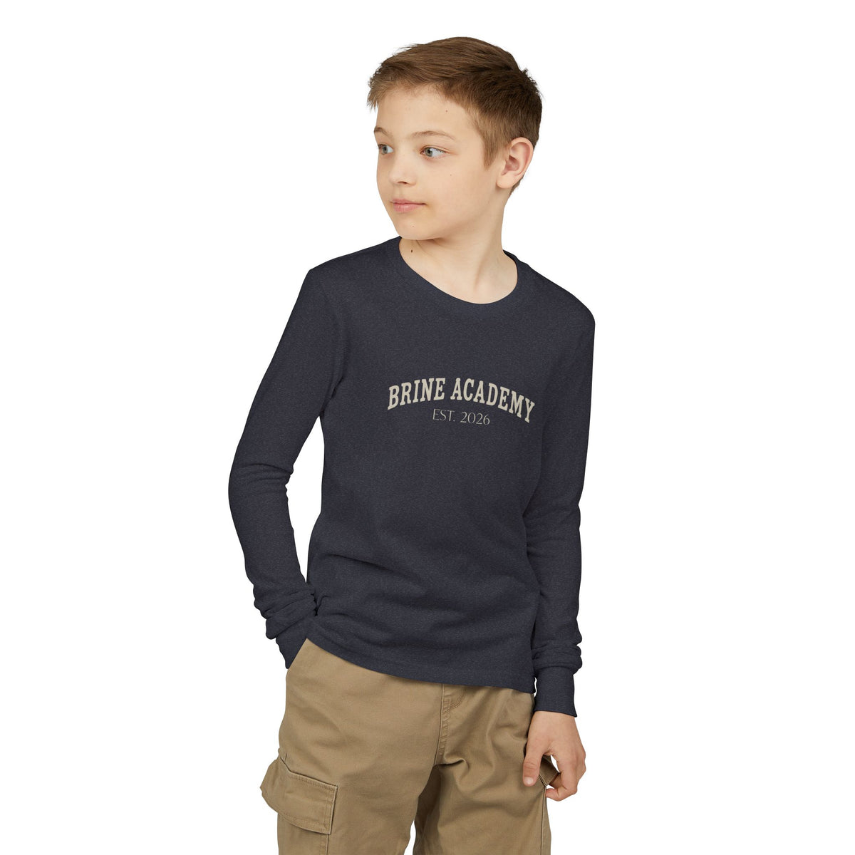 Brine Academy Youth Long Sleeve Tee — Retro Campus Logo Shirt