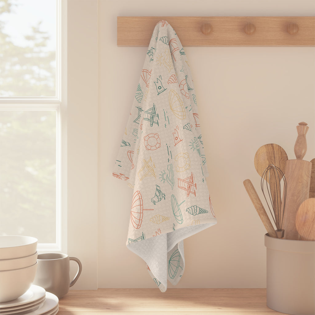 Beach Pattern Tea Towel — Pastel Umbrellas & Chairs Microfiber Kitchen Towel