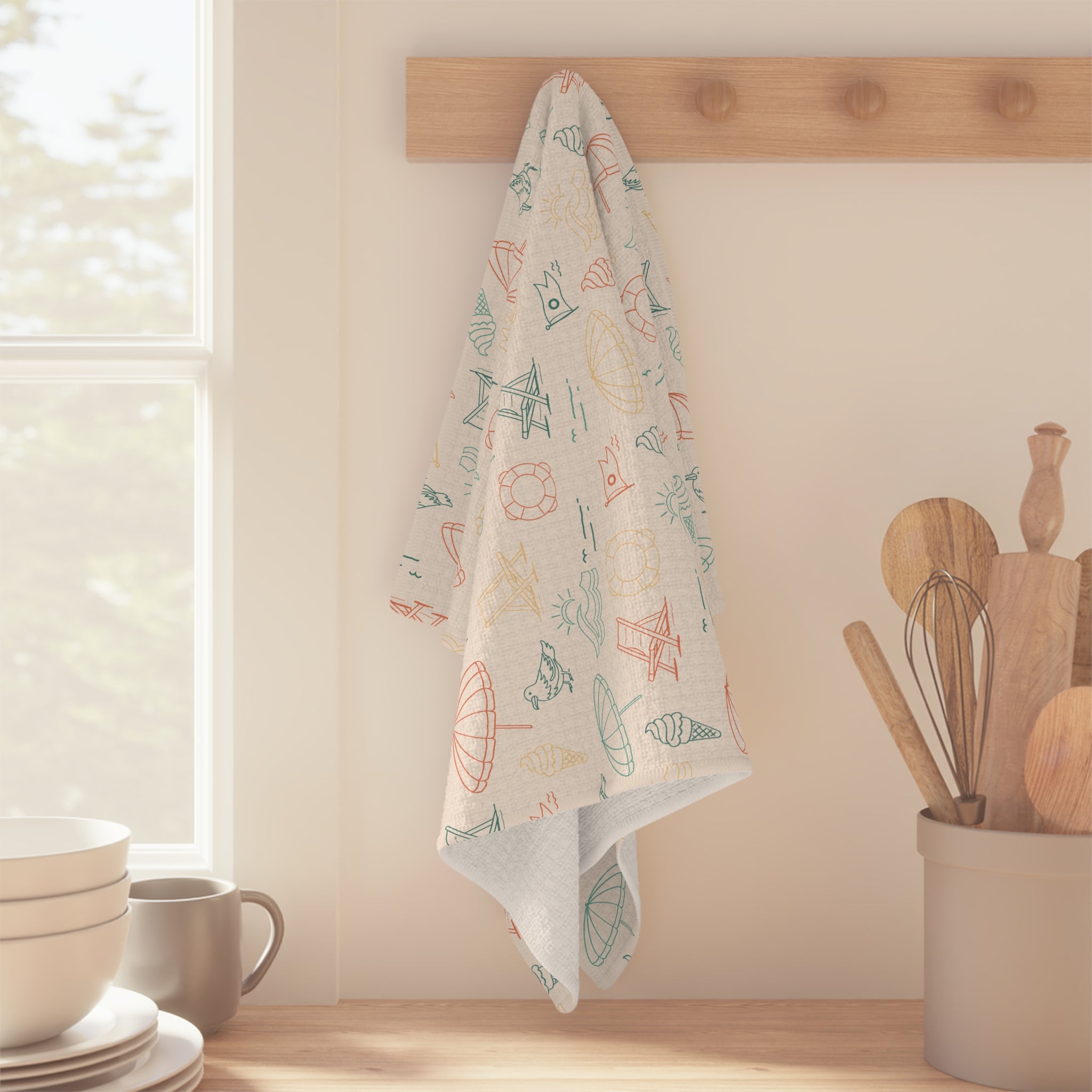 Beach Pattern Tea Towel — Pastel Umbrellas & Chairs Microfiber Kitchen Towel
