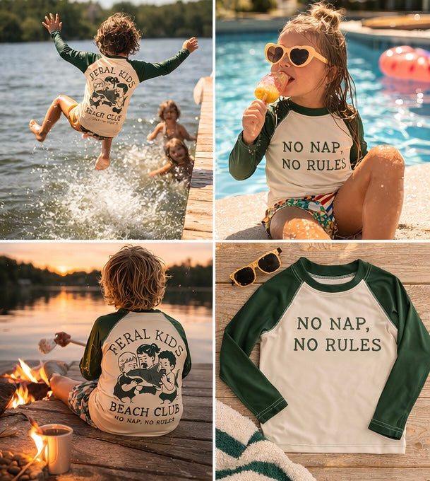 Feral Kids Beach Club Kids Rash Guard – No Nap No Rules Long Sleeve Swim Shirt