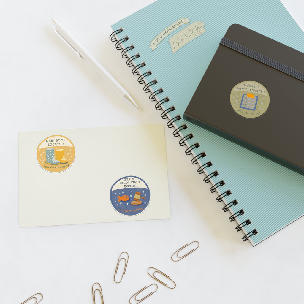 Quirky Achievement Sticker Sheet — Rain Boot Locator, Snack Negotiation Expert & More