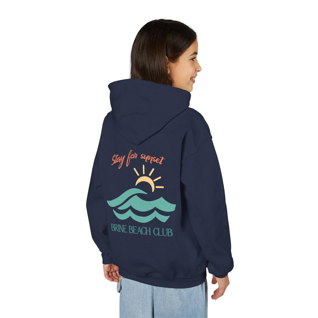 Brine Beach Club Youth Hoodie — "Stay For Sunset” Surf Waves Sun Pullover