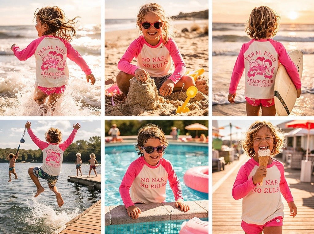 Feral Kids Beach Club Kids Rash Guard – No Nap No Rules Long Sleeve Swim Shirt