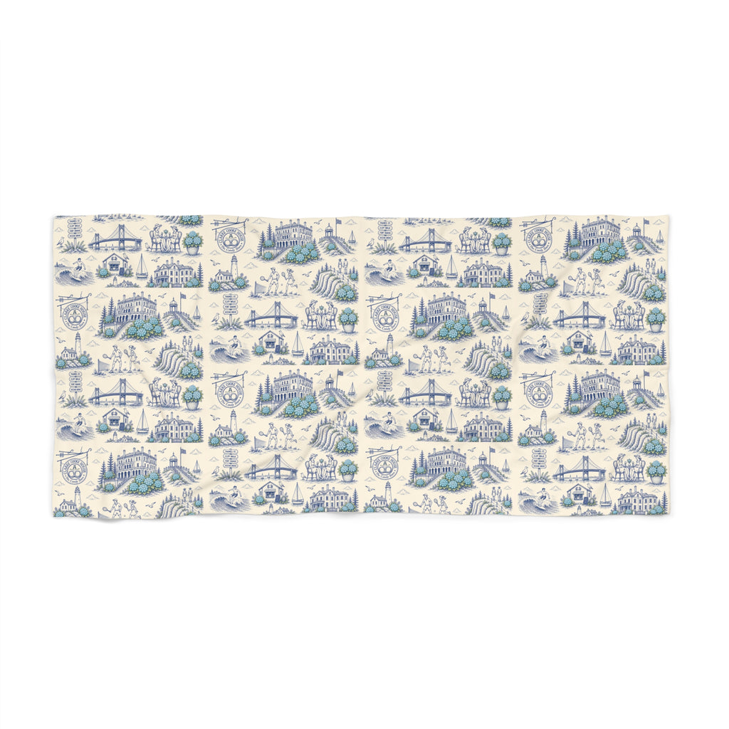 Newport RI Toile Beach Towel – Coastal Blue Hydrangea Resort Print Towel