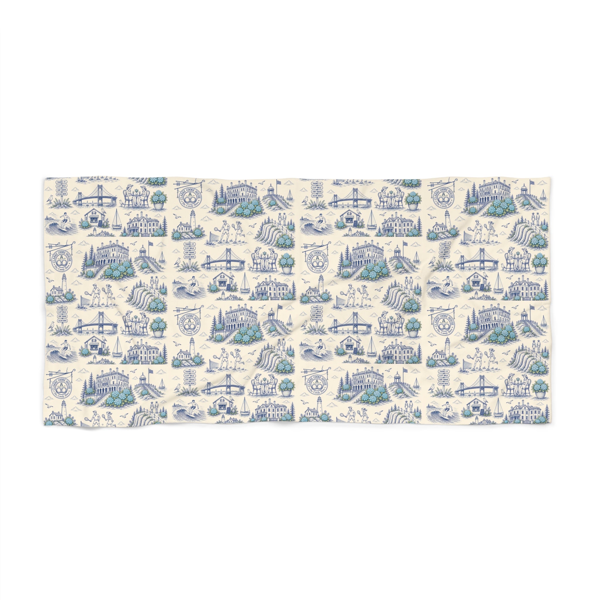 Newport RI Toile Beach Towel – Coastal Blue Hydrangea Resort Print Towel