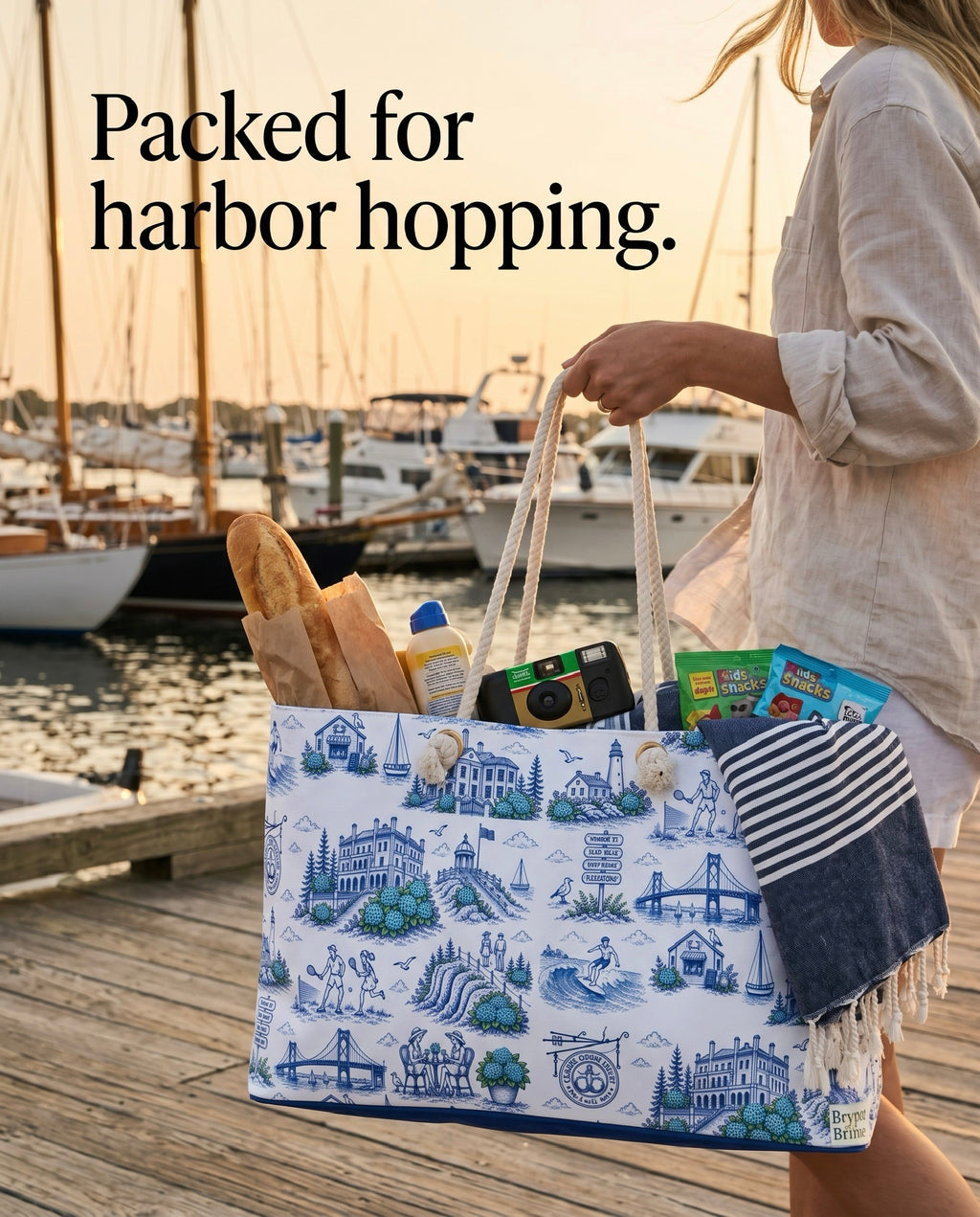 Newport RI Beach Bag, Coastal Toile Tote Bag, Preppy Newport Tote, Nautical Beach Tote, Rhode Island Travel Bag, Summer Resort Bag