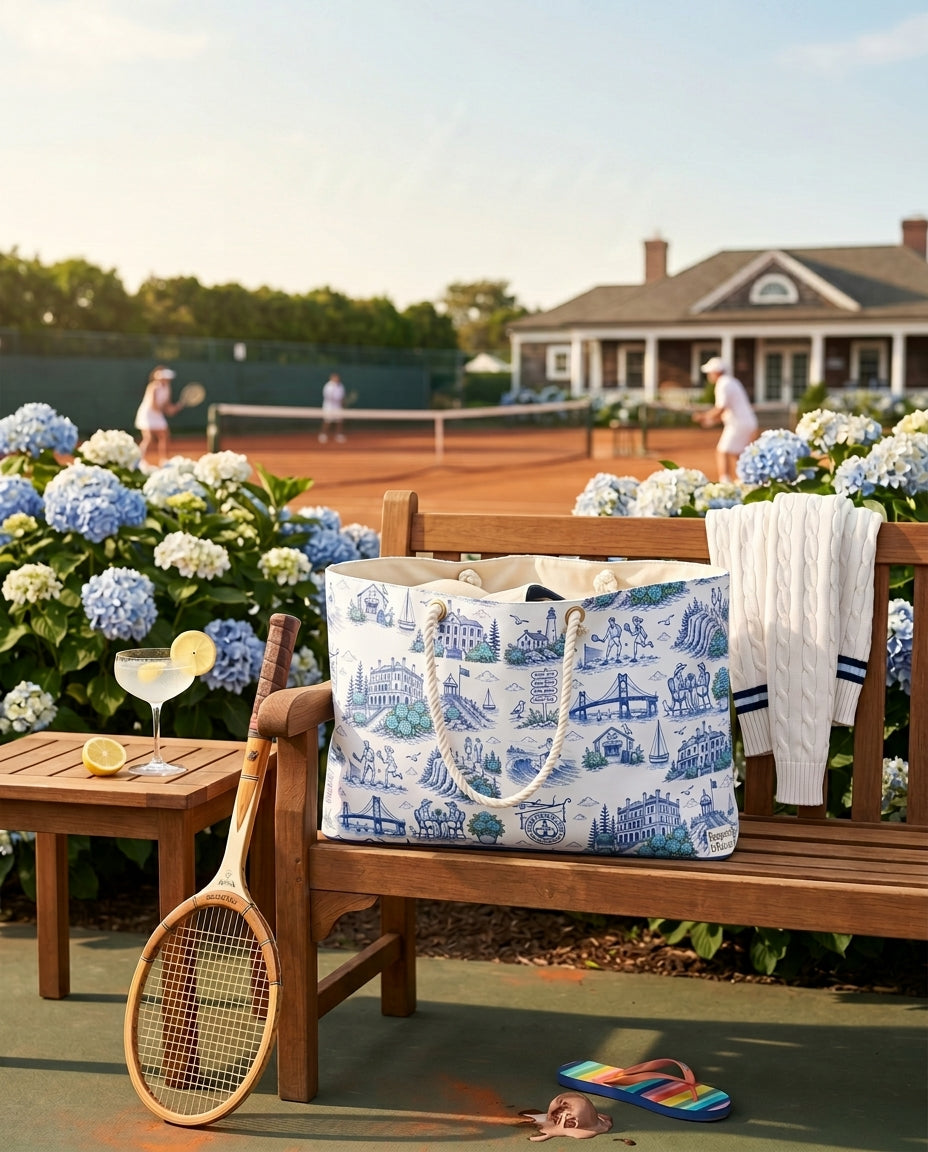 Newport RI Beach Bag, Coastal Toile Tote Bag, Preppy Newport Tote, Nautical Beach Tote, Rhode Island Travel Bag, Summer Resort Bag