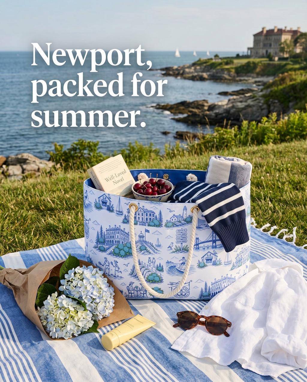 Newport RI Beach Bag, Coastal Toile Tote Bag, Preppy Newport Tote, Nautical Beach Tote, Rhode Island Travel Bag, Summer Resort Bag