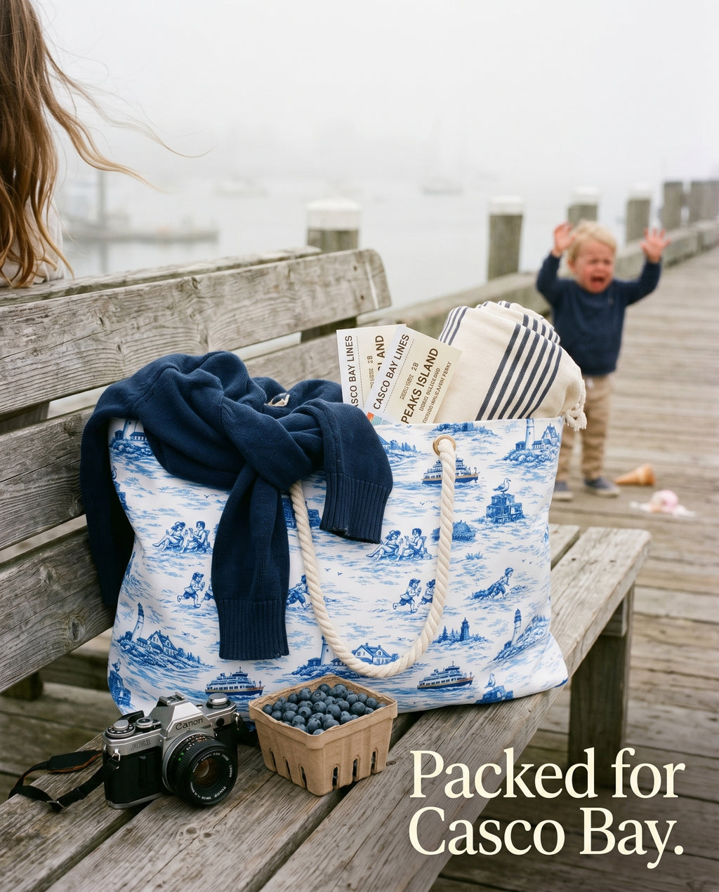 Portland Maine Beach Bag, Coastal Toile Tote Bag, Maine Travel Tote, New England Beach Tote, Preppy Summer Bag, Pool Tote, Cabana Tote