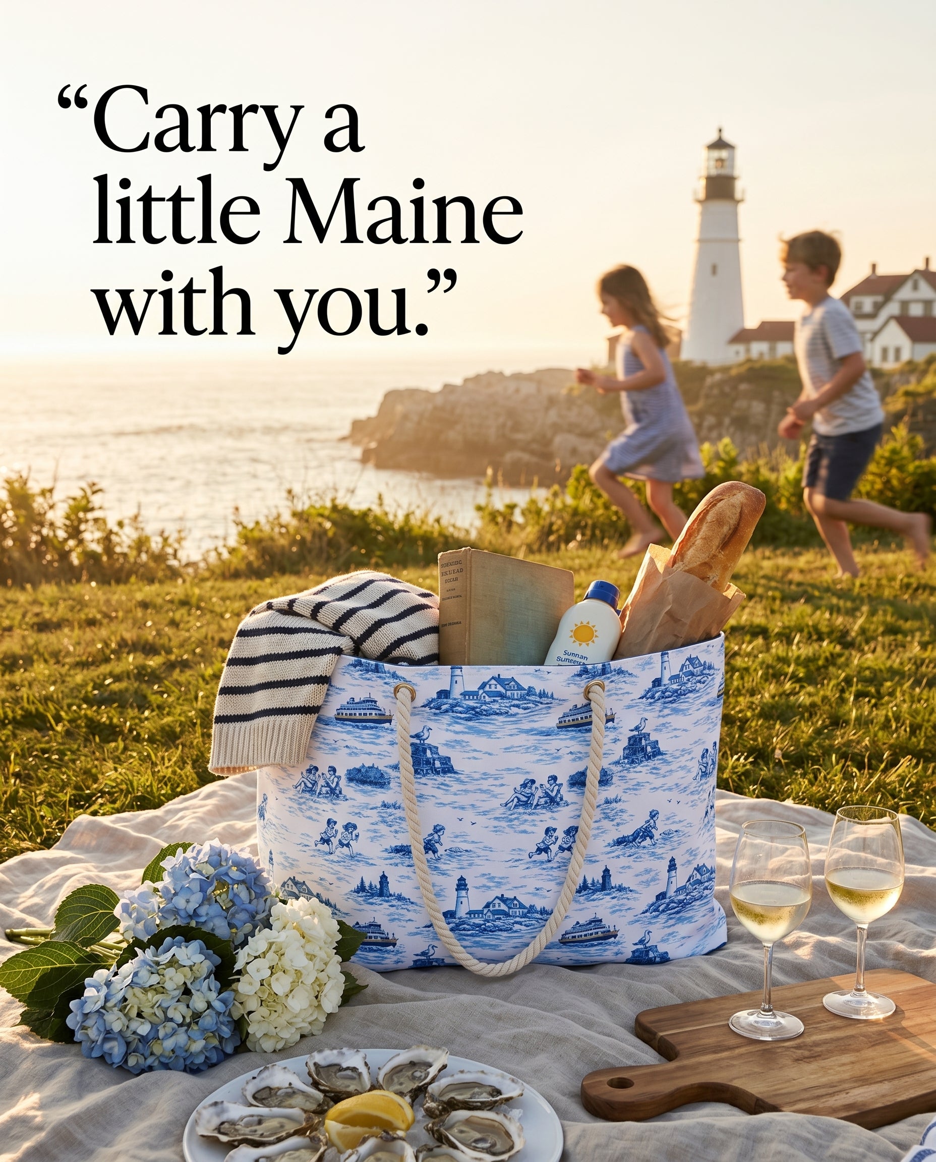 Portland Maine Beach Bag, Coastal Toile Tote Bag, Maine Travel Tote, New England Beach Tote, Preppy Summer Bag, Pool Tote, Cabana Tote