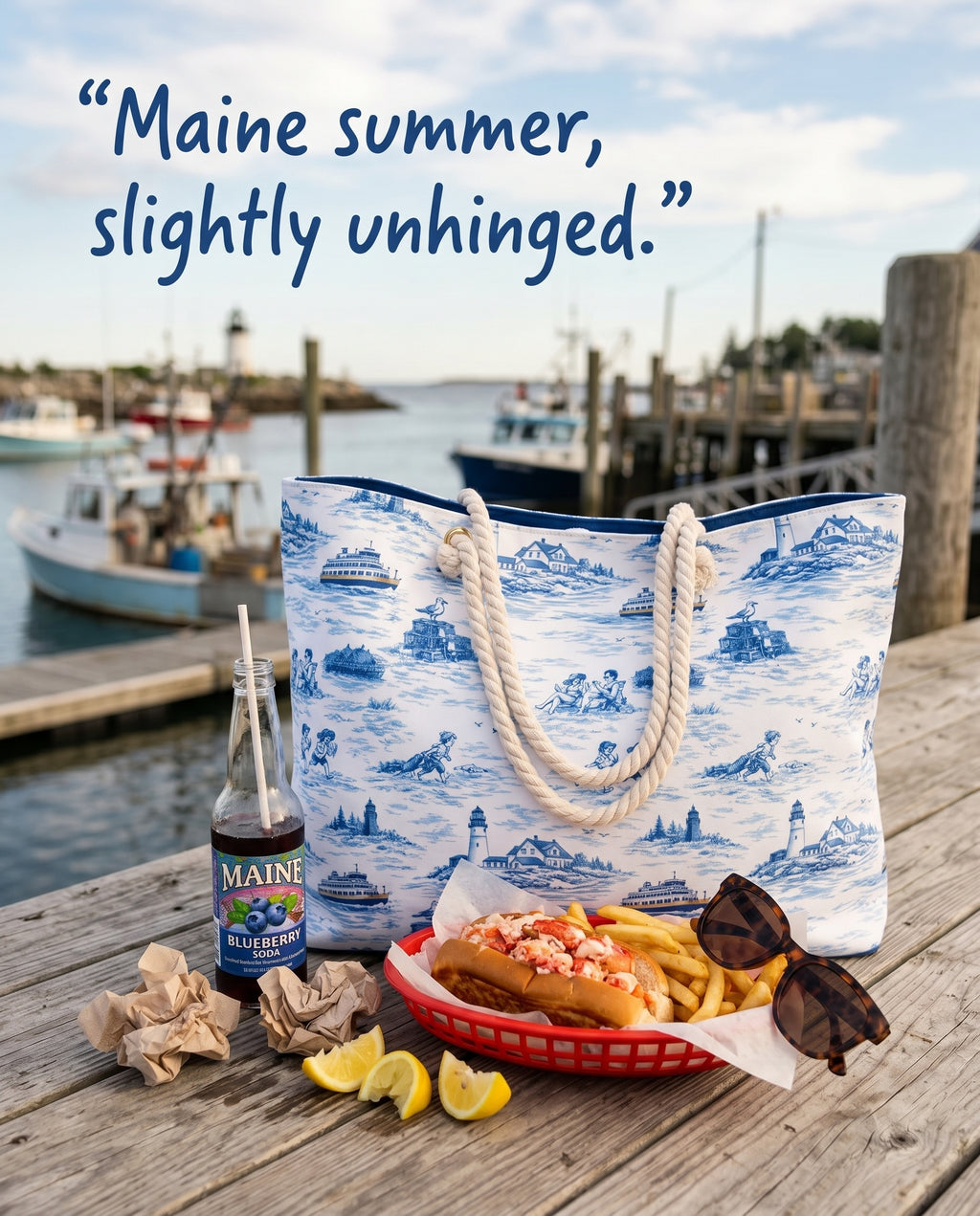 Portland Maine Beach Bag, Coastal Toile Tote Bag, Maine Travel Tote, New England Beach Tote, Preppy Summer Bag, Pool Tote, Cabana Tote